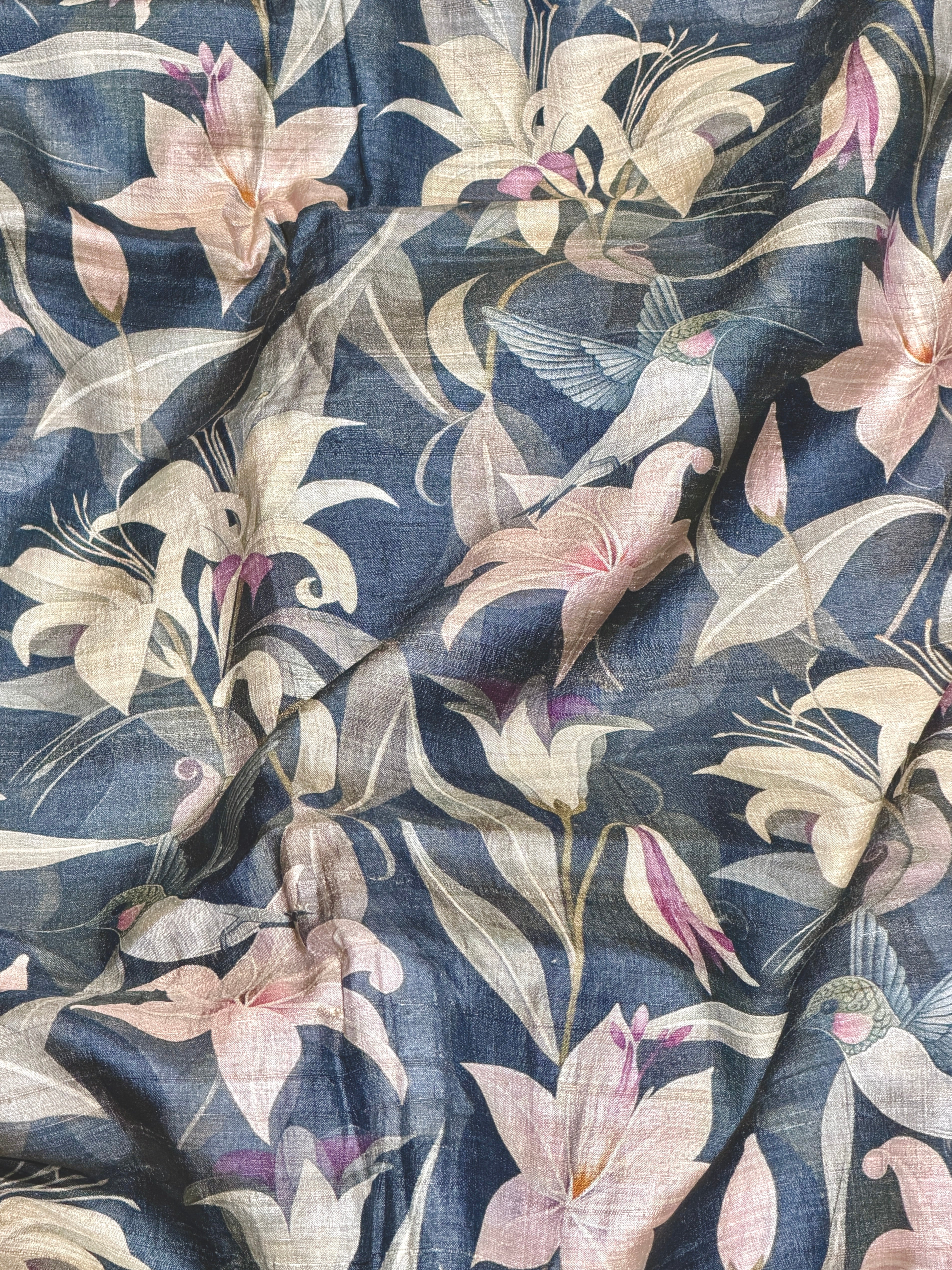 Navy Blue Tussar Kalamkari Printed Fabric