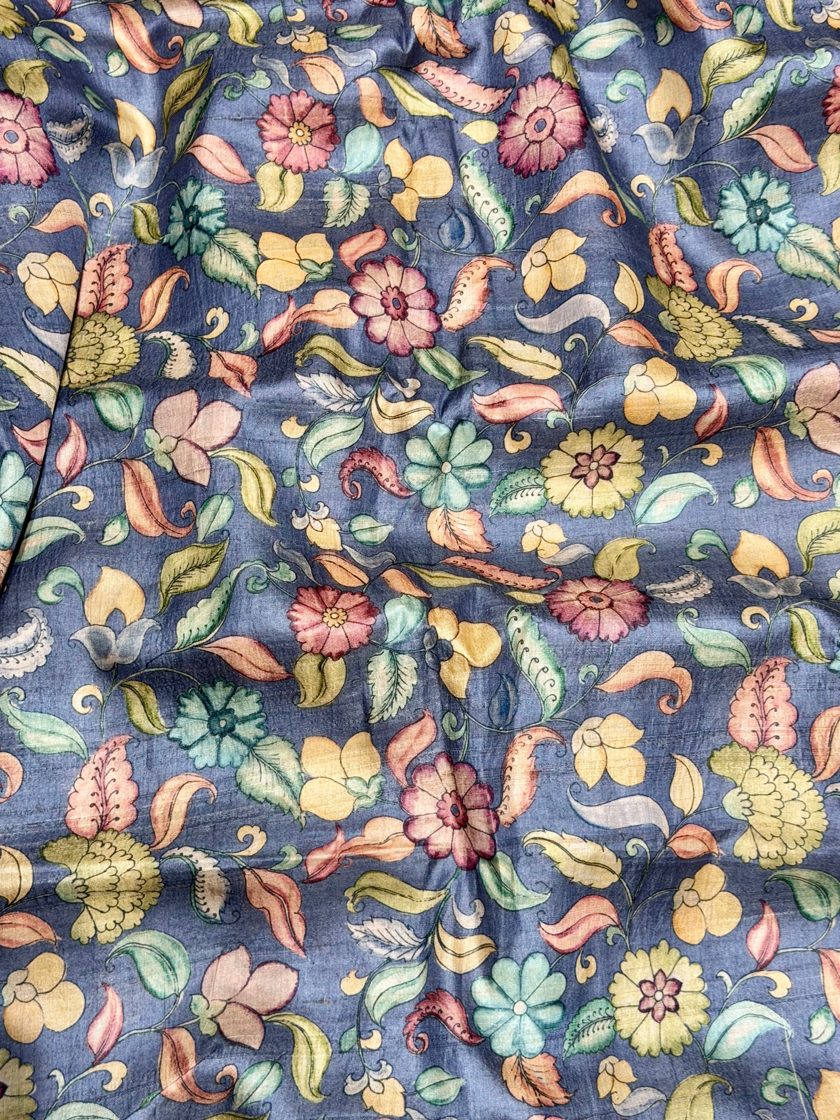 Denim Blue Tussar Kalamkari Printed Fabric