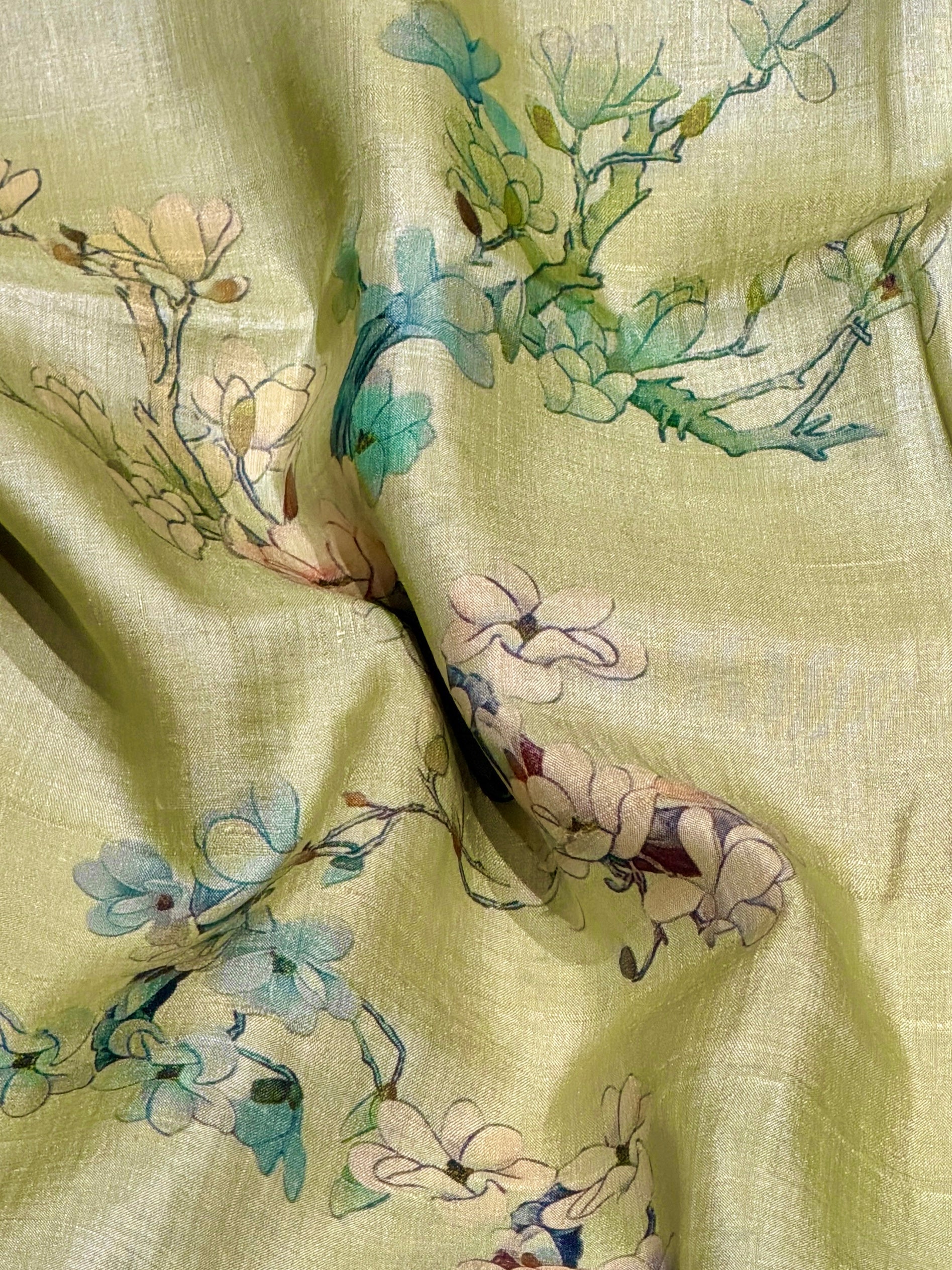 Lime Green Tussar Kalamkari Printed Fabric