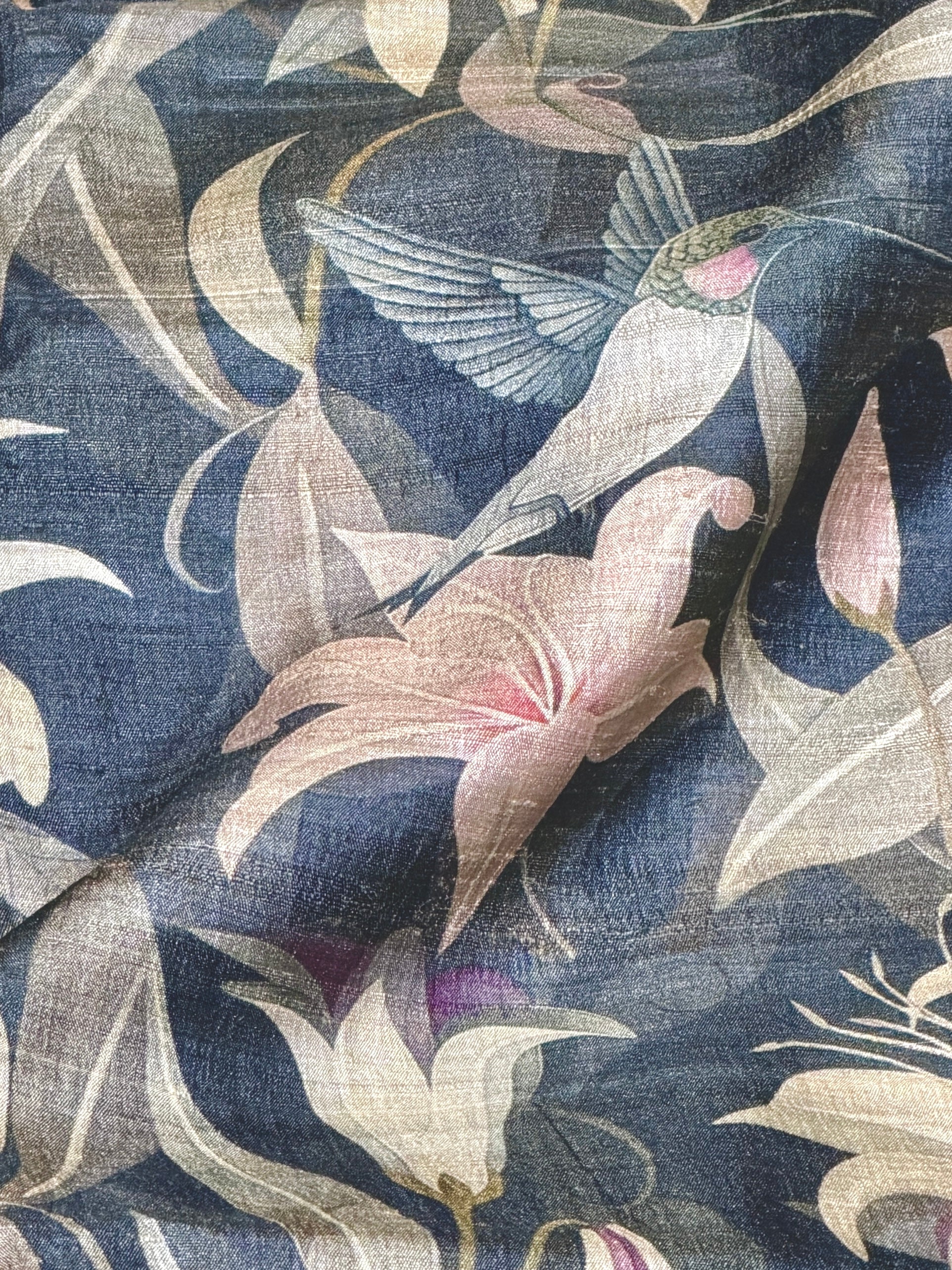 Navy Blue Tussar Kalamkari Printed Fabric