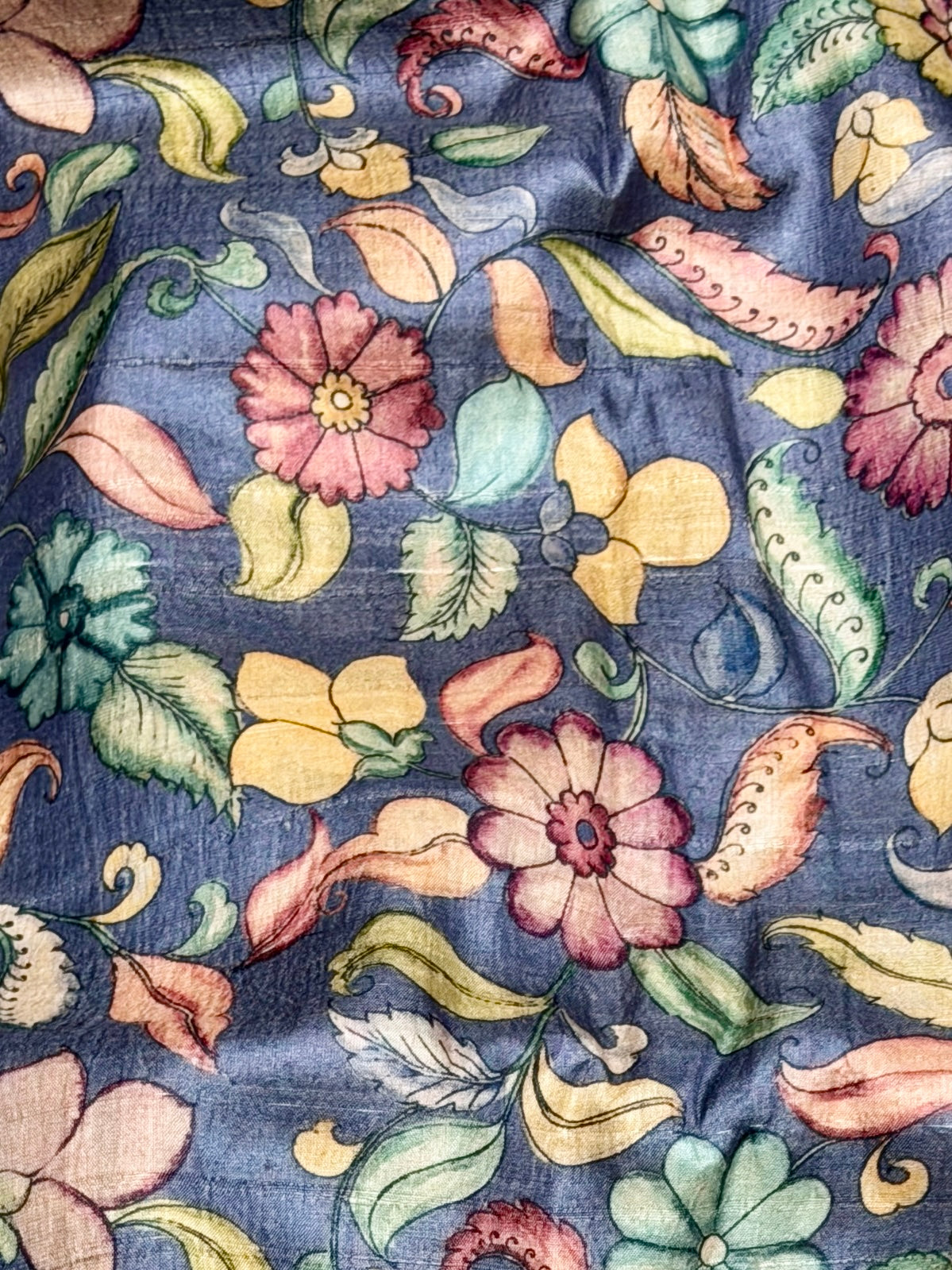 Denim Blue Tussar Kalamkari Printed Fabric