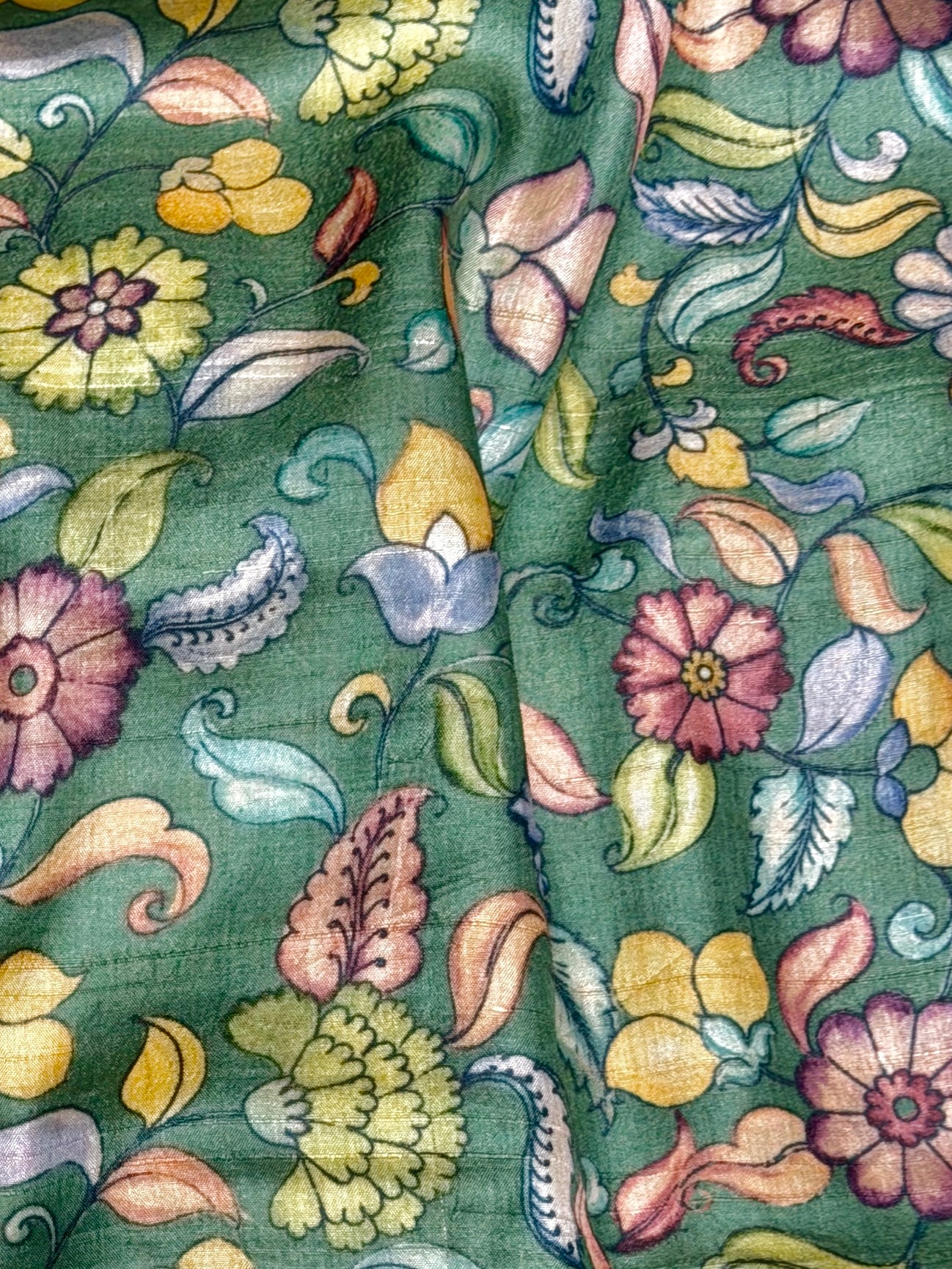 Teal Green Tussar Kalamkari Printed Fabric