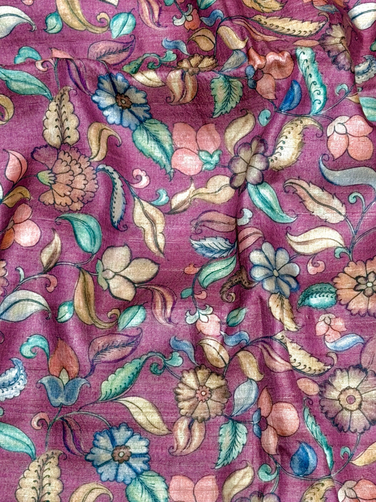 Magenta Tussar Kalamkari Printed Fabric