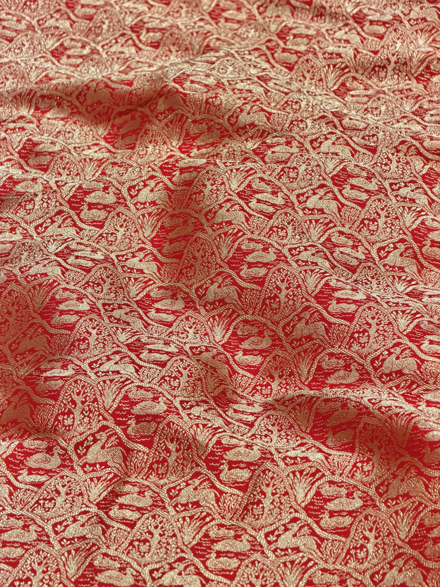 Crimson Red Brocade Katan Silk Handloom Fabric