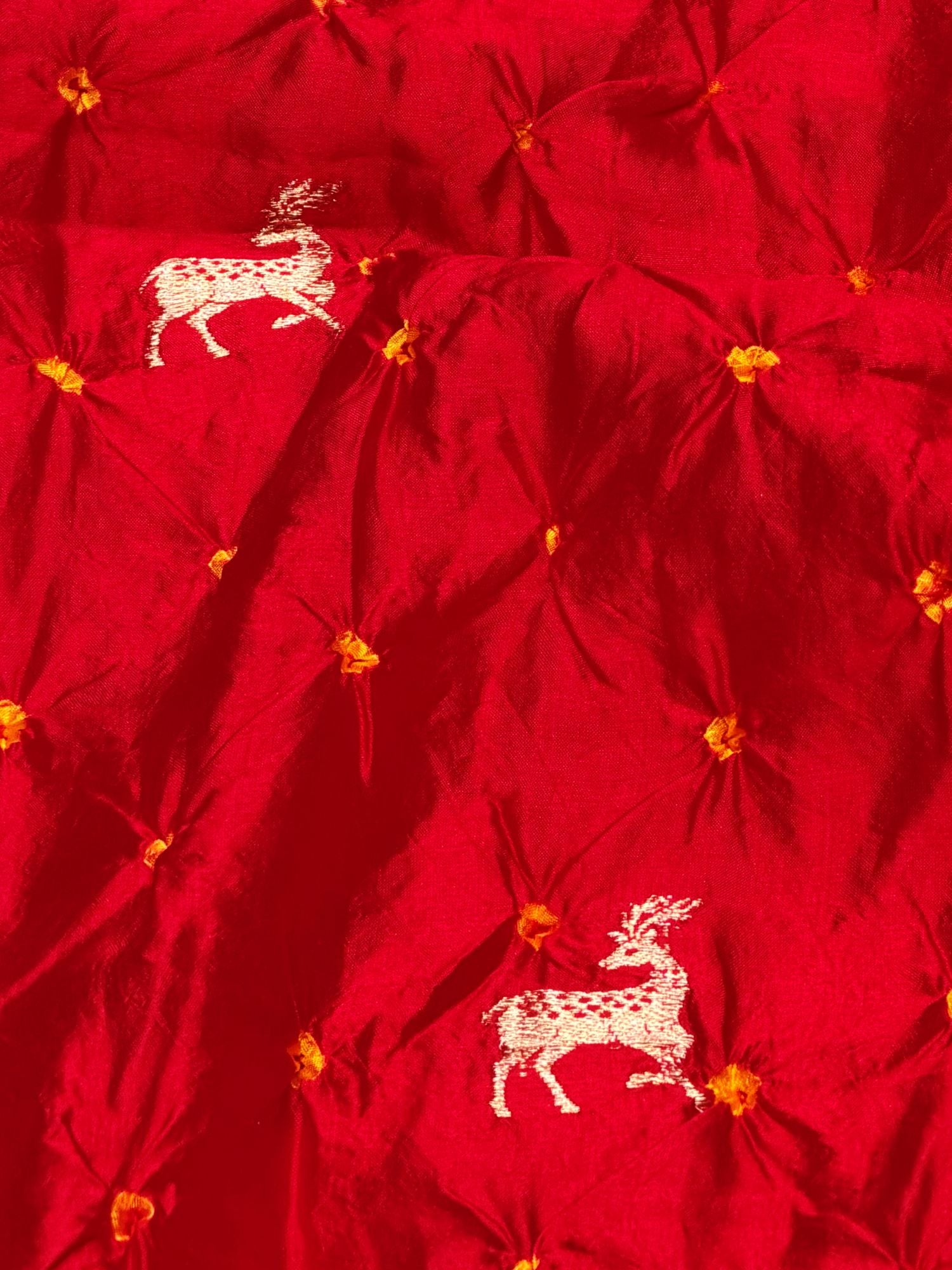 Red Chiniya Silk Bandhani With Deer Kadhwa Motif Fabric