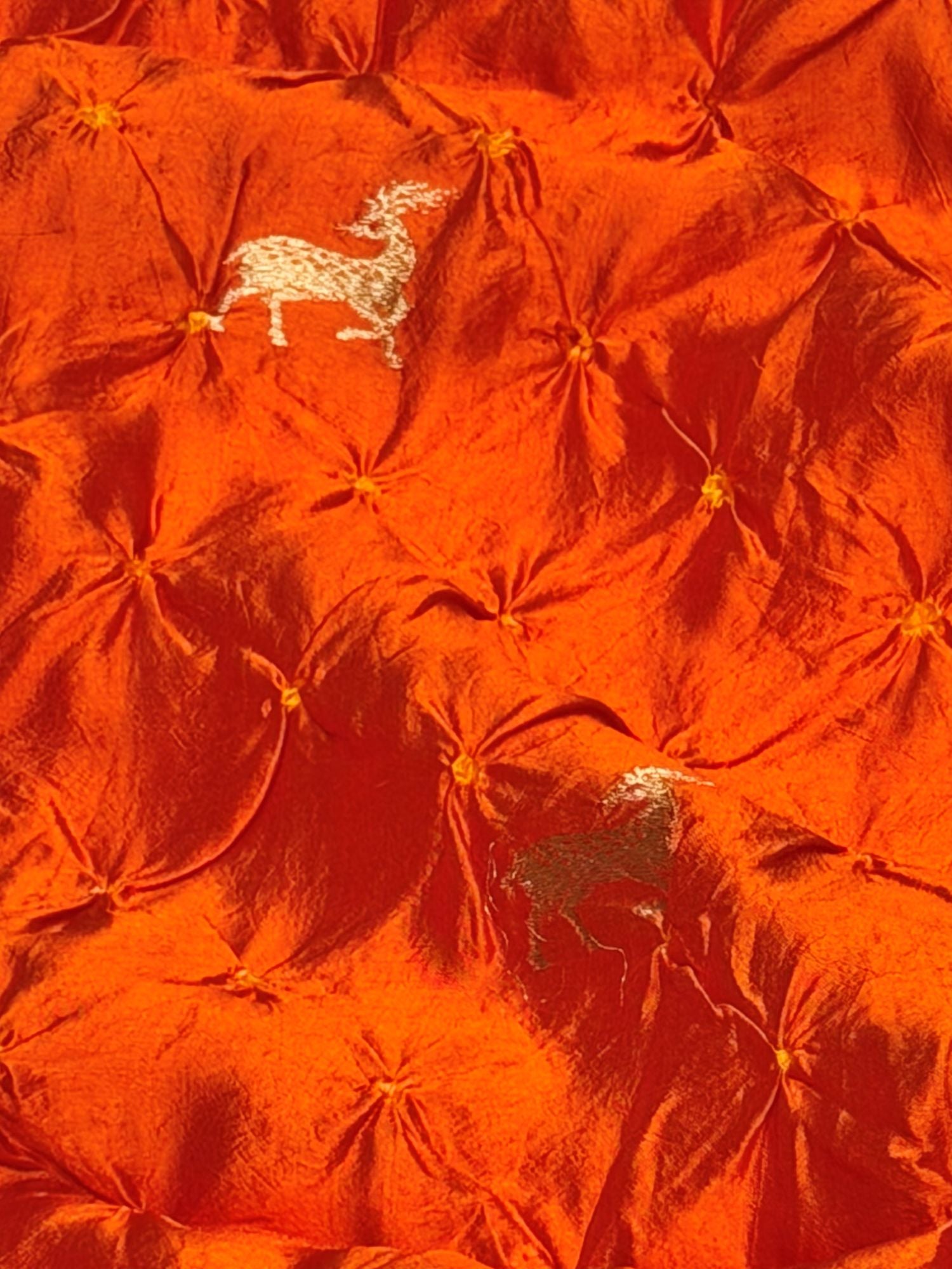 Orange Chiniya Silk Bandhani With Deer Kadhwa Motif Fabric
