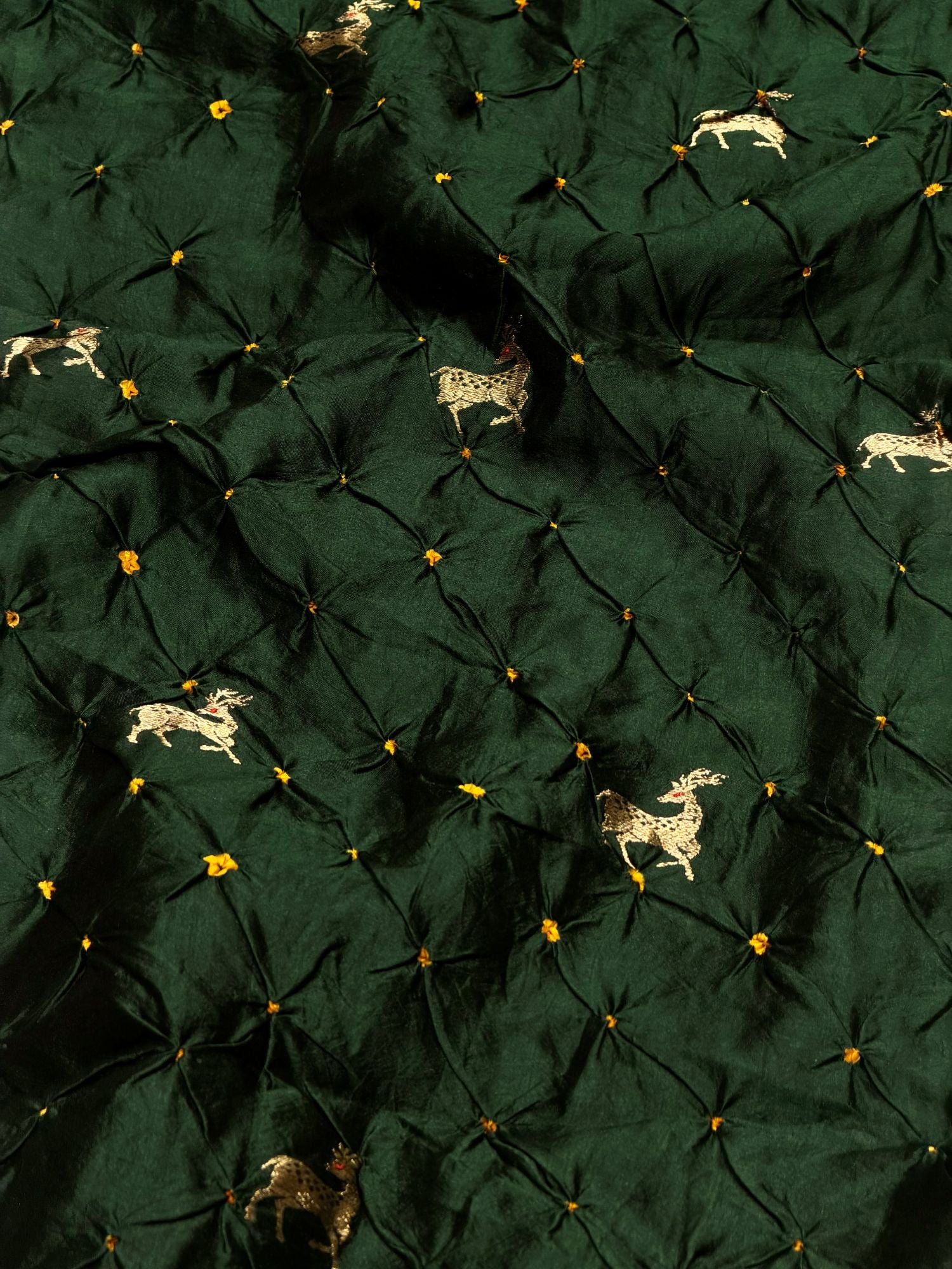 Deep Green Chiniya Silk Bandhani With Deer Kadhwa Motif Fabric