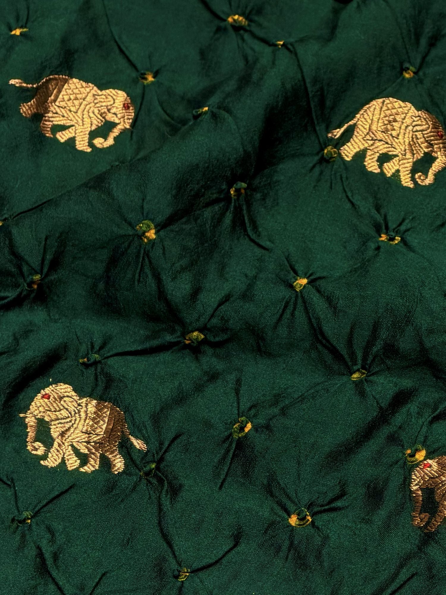 Deep Green Chiniya Silk Bandhani With Elephant Kadhwa Motif Fabric