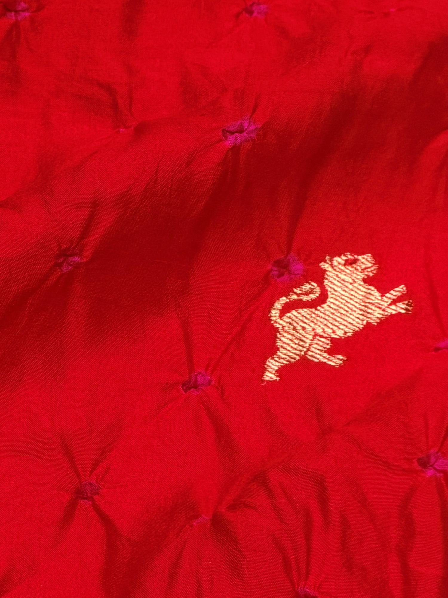 Red Chiniya Silk Bandhani With Lion Kadhwa Motif Fabric