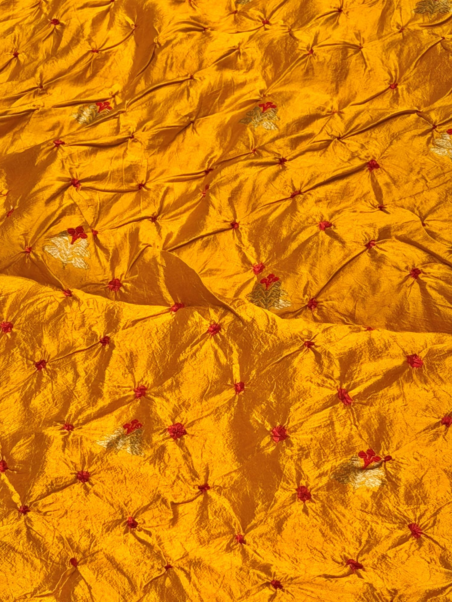 Mustard Yellow Chiniya Silk Bandhani Fabric With Kadhwa Motif