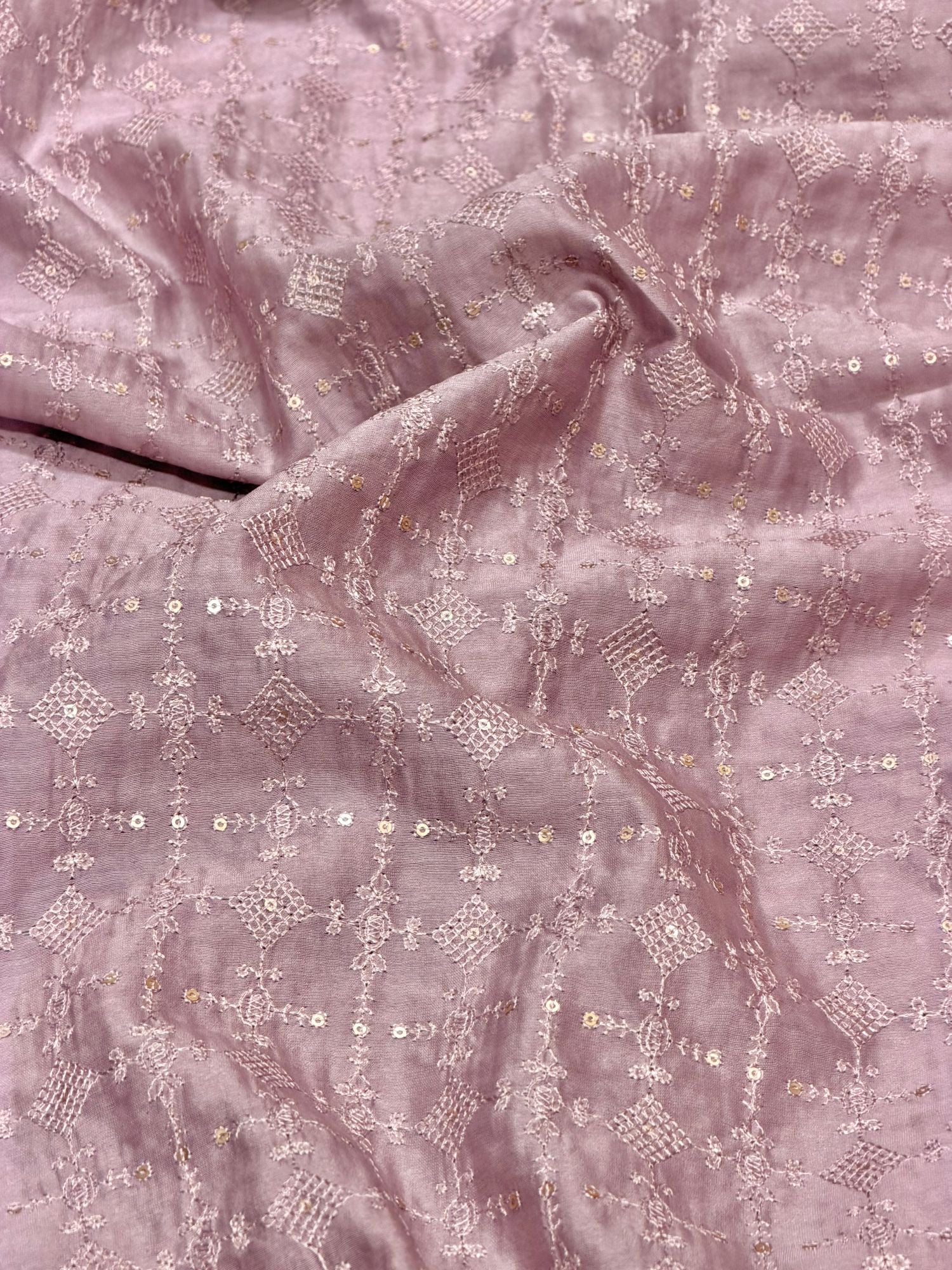 Dusty Mauve Mul Embroidered Fabric