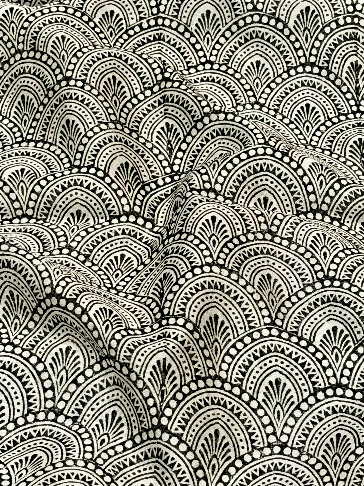 Pure Chanderi Silk Fabric With Black Hand Block Prints