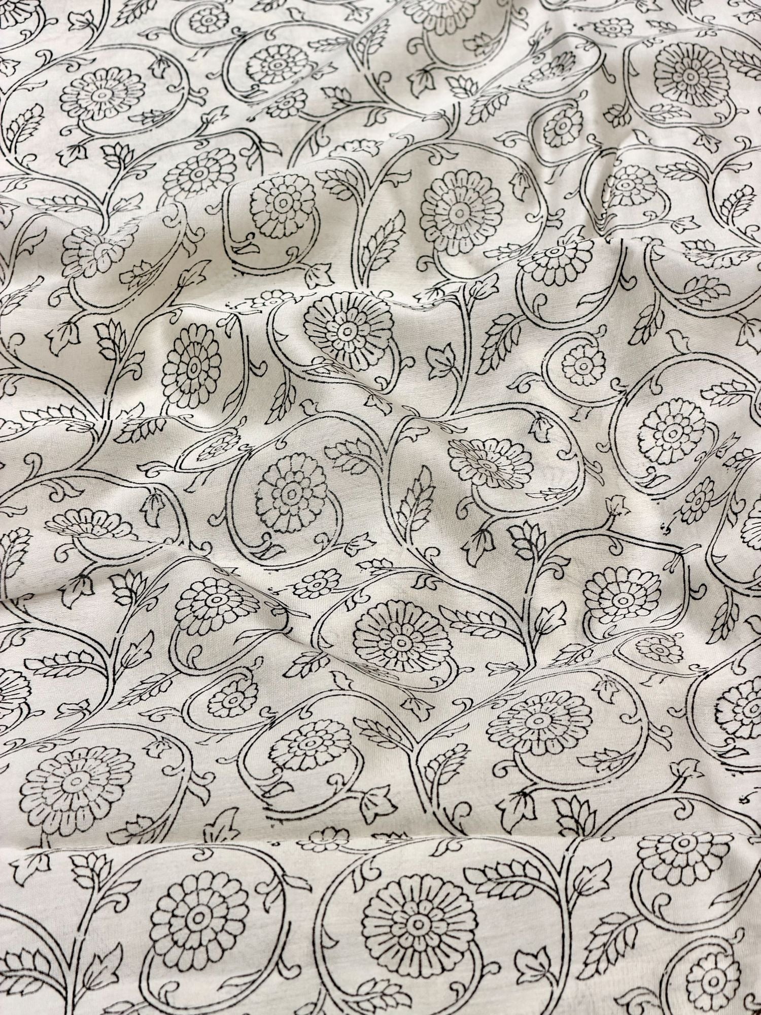 Pure Chanderi Silk Fabric With Black Hand Block Prints