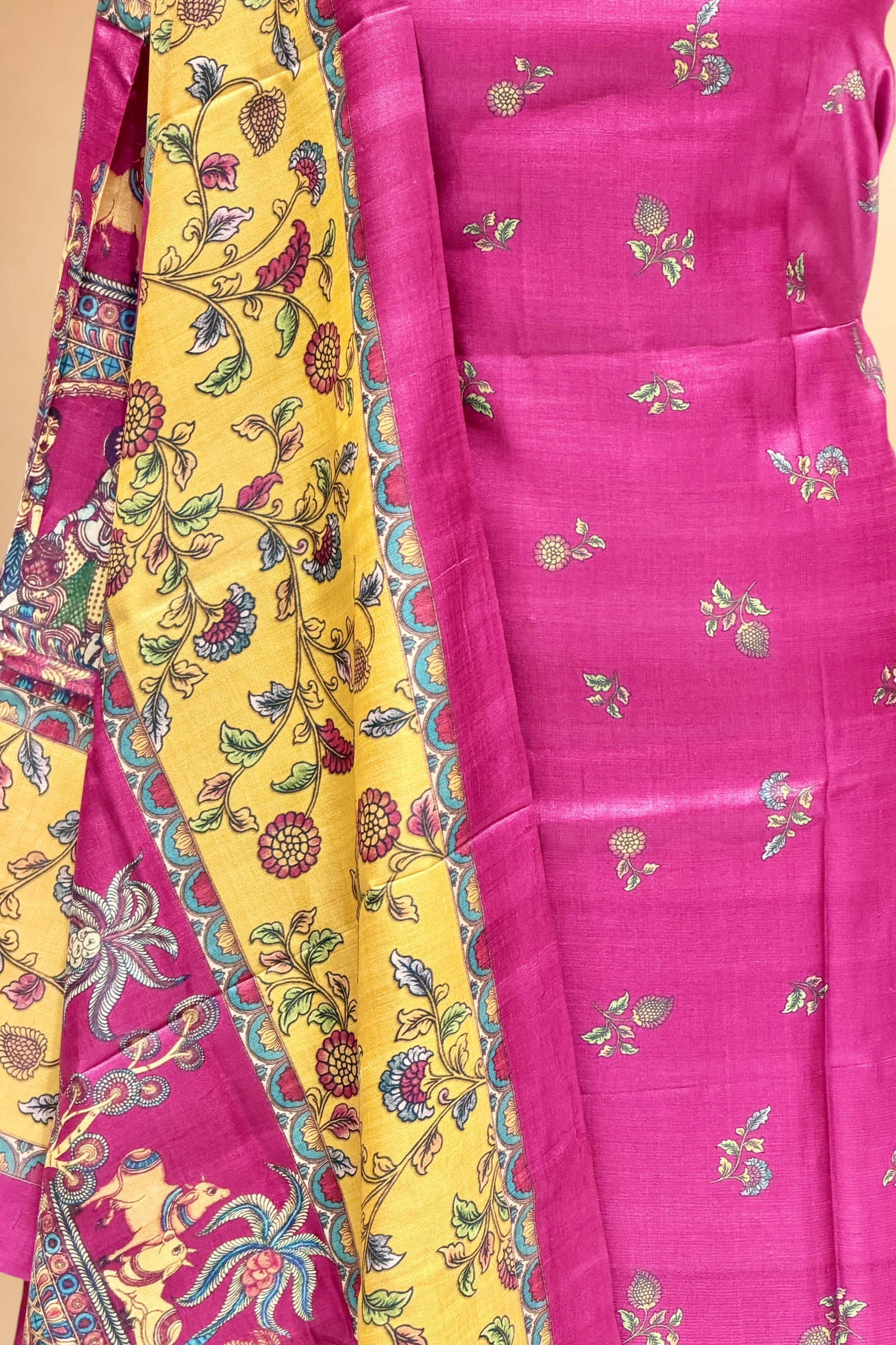 Magenta Pink Pure Tusser Silk Suit Set With Indian Folk Print Dupatta