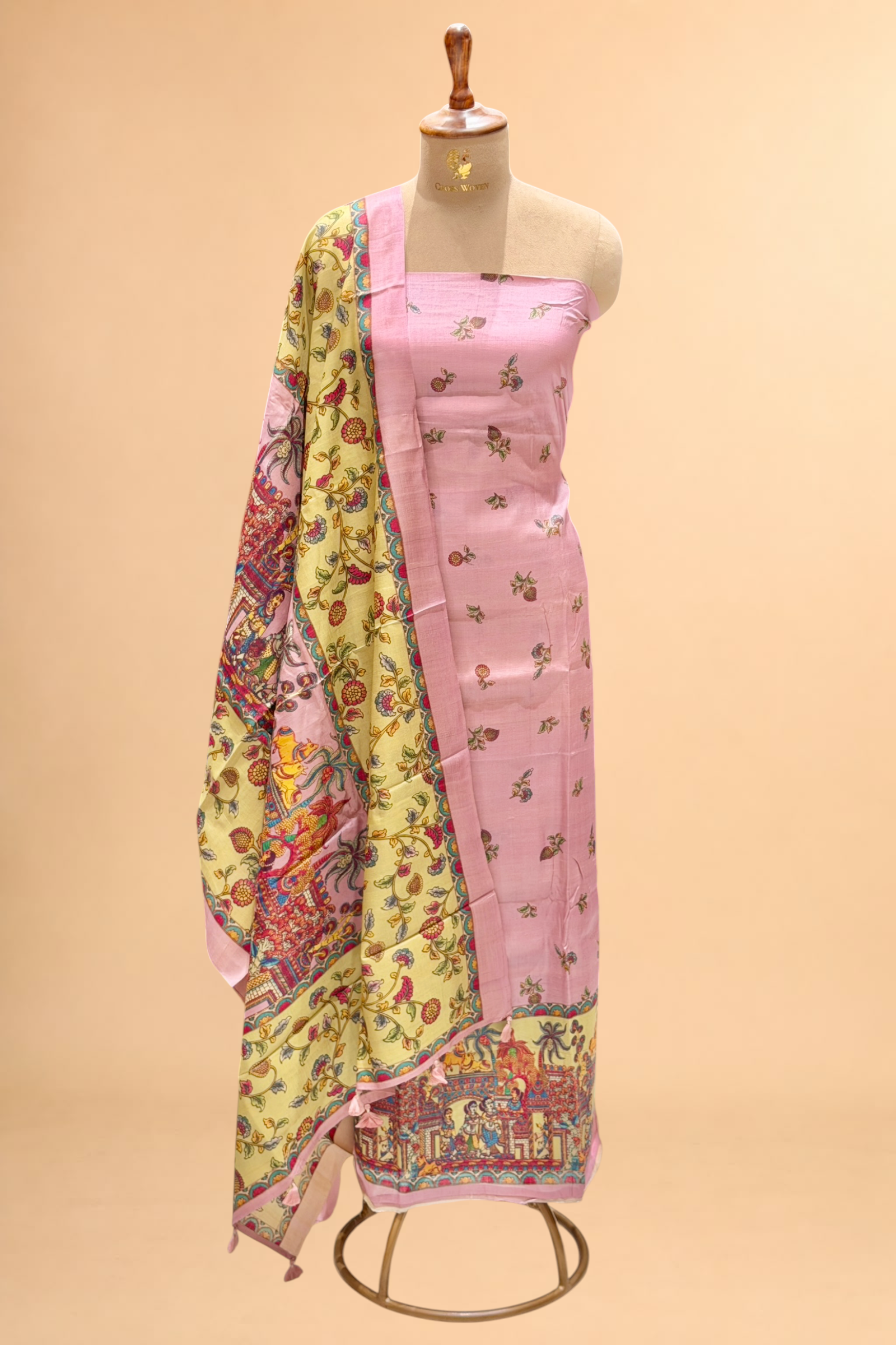 Pastel Pink Pure Tusser Silk Suit Set With Indian Folk Print Dupatta
