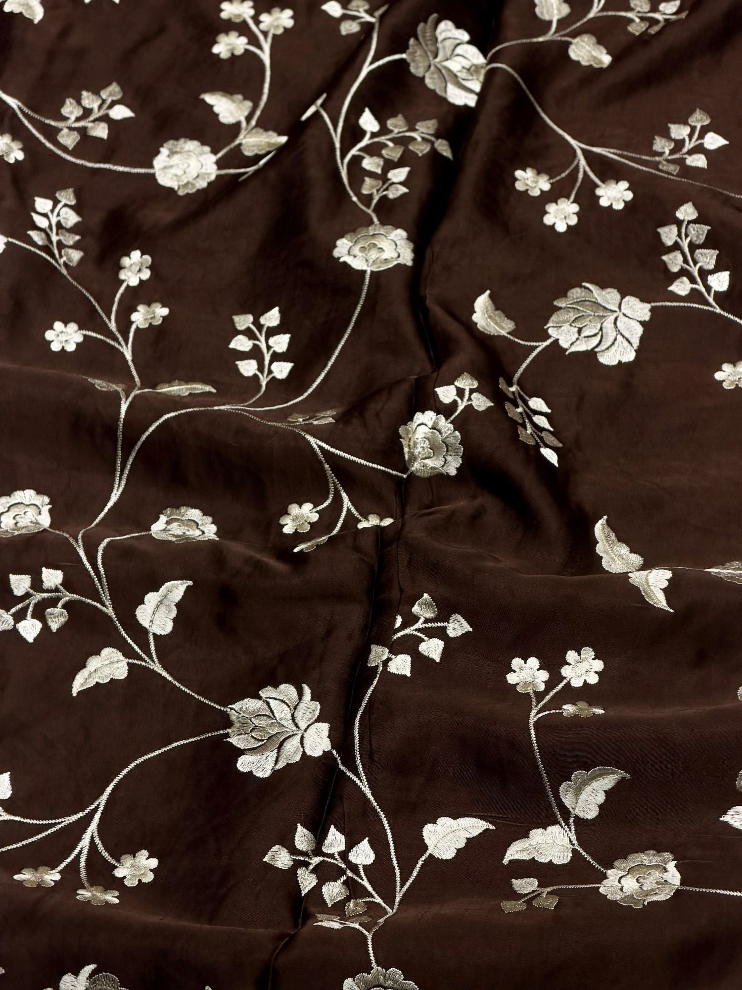 Chocolate Brown Muslin Fabric With Parsi Embroidery