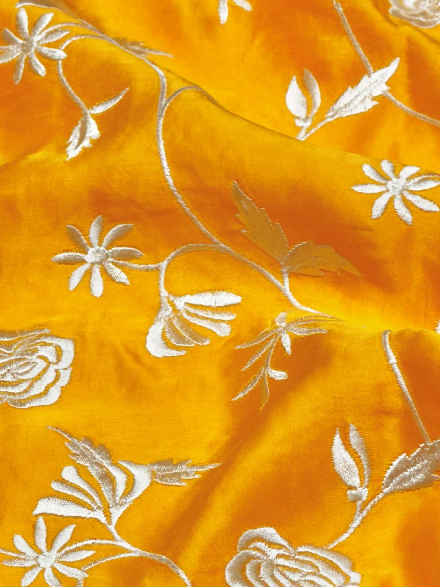 Mustard Yellow Muslin Fabric With Parsi Embroidery