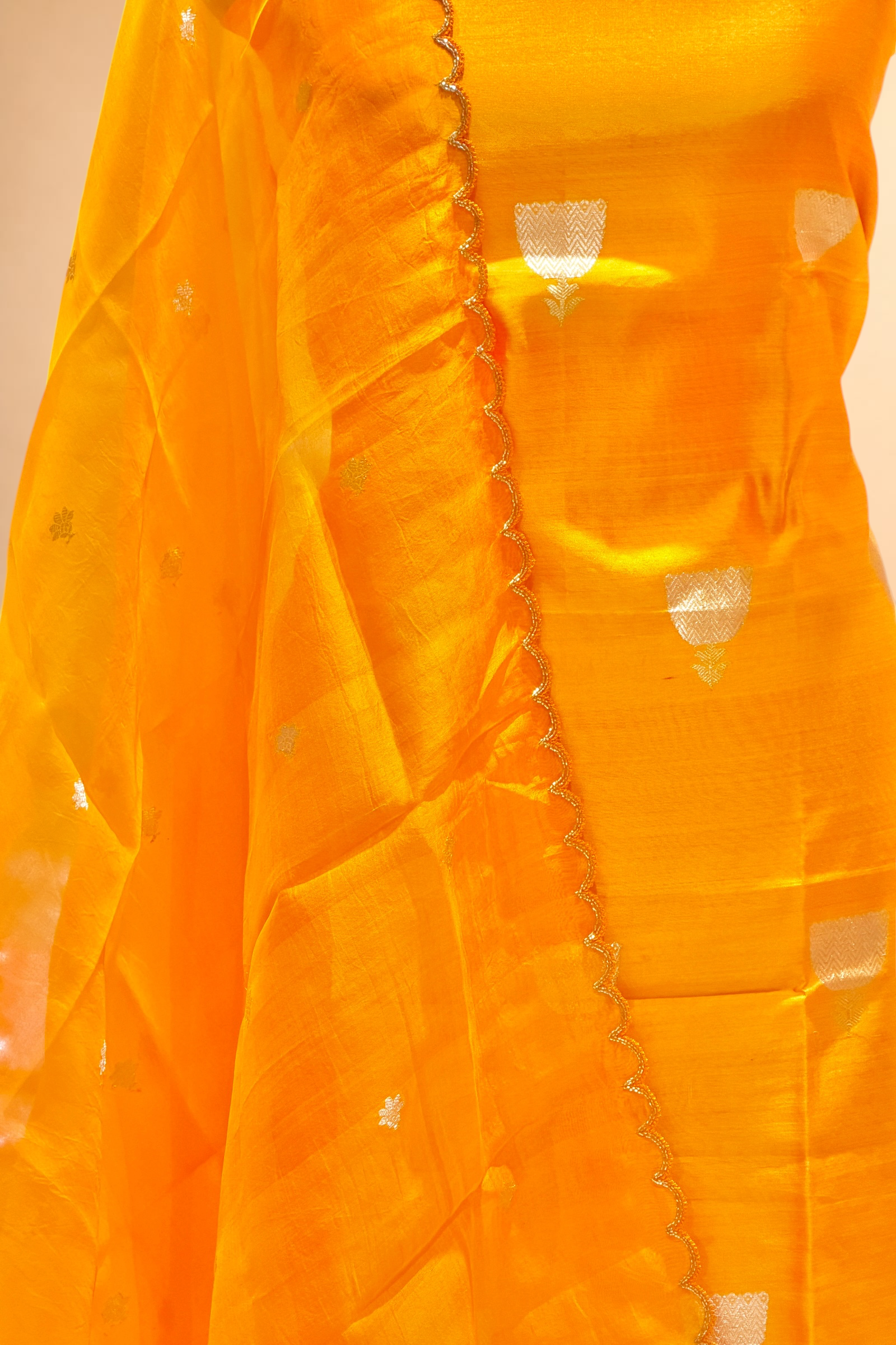 Deep Yellow Chiniya Silk Suit Set With Hand Work Organza Dupatta