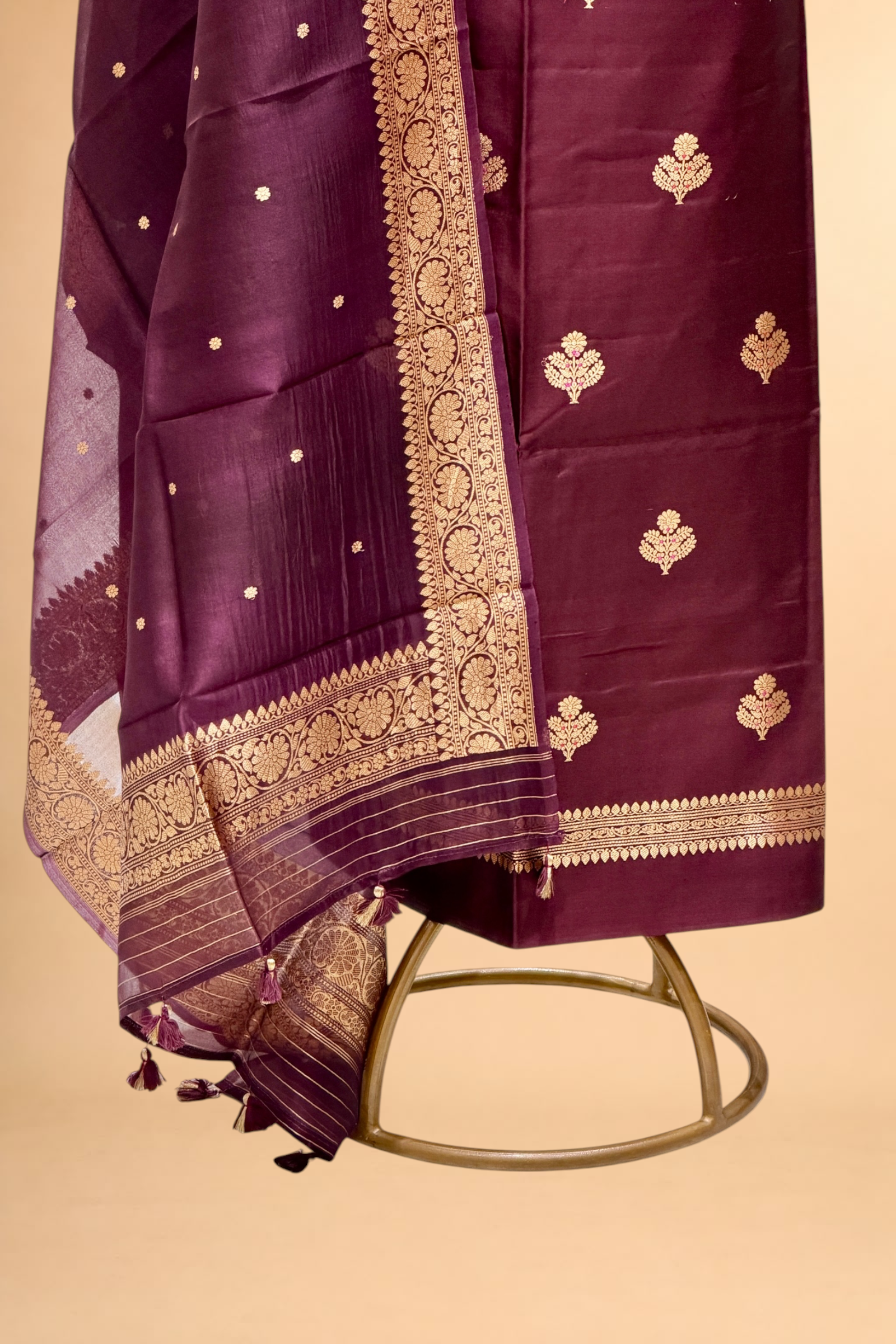 Wine Plum Soft Silk Suit Set With Organza Dupatta
