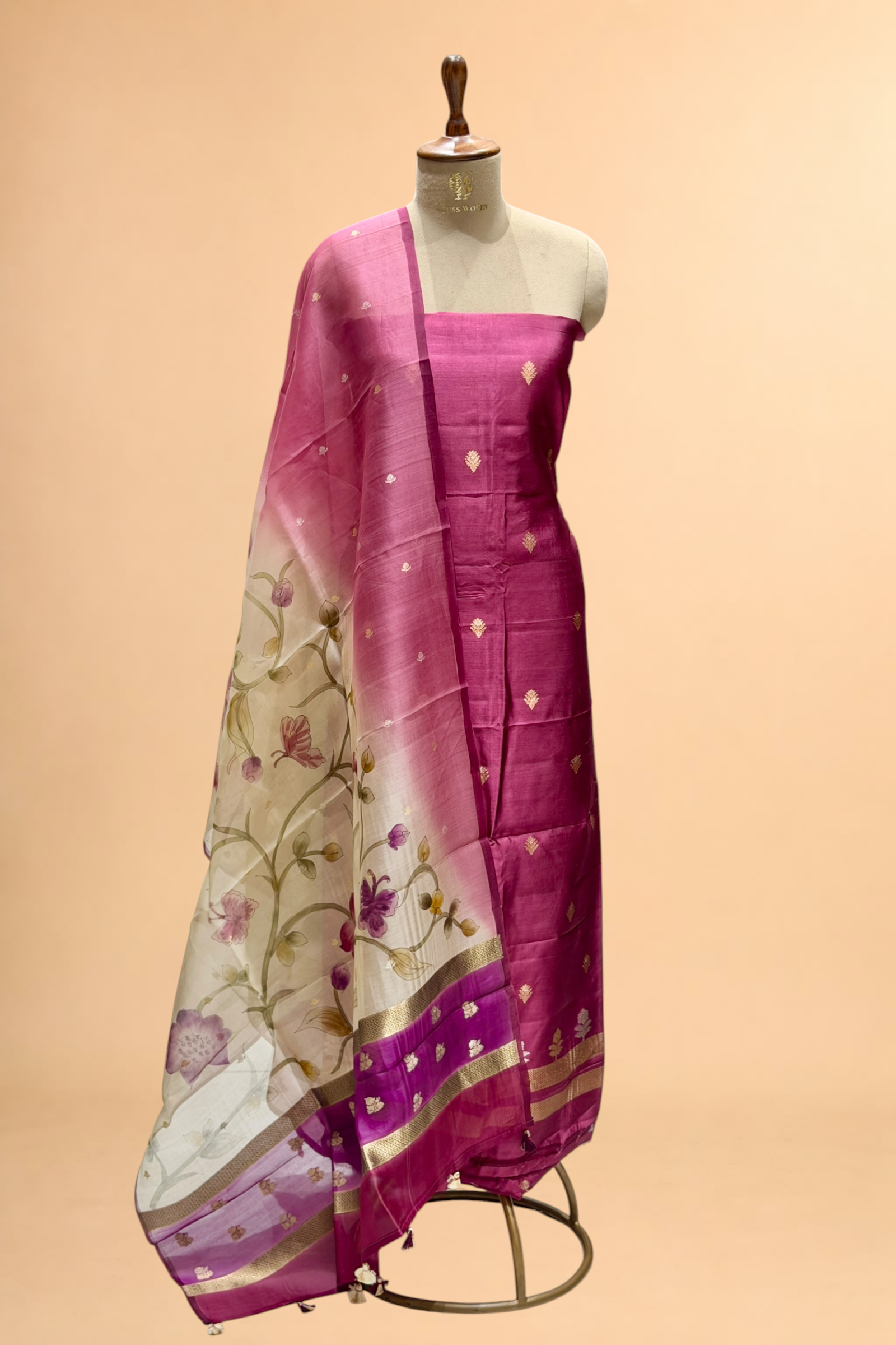 Deep Wine Soft Silk Suit Set With Handbrush Organza Dupatta