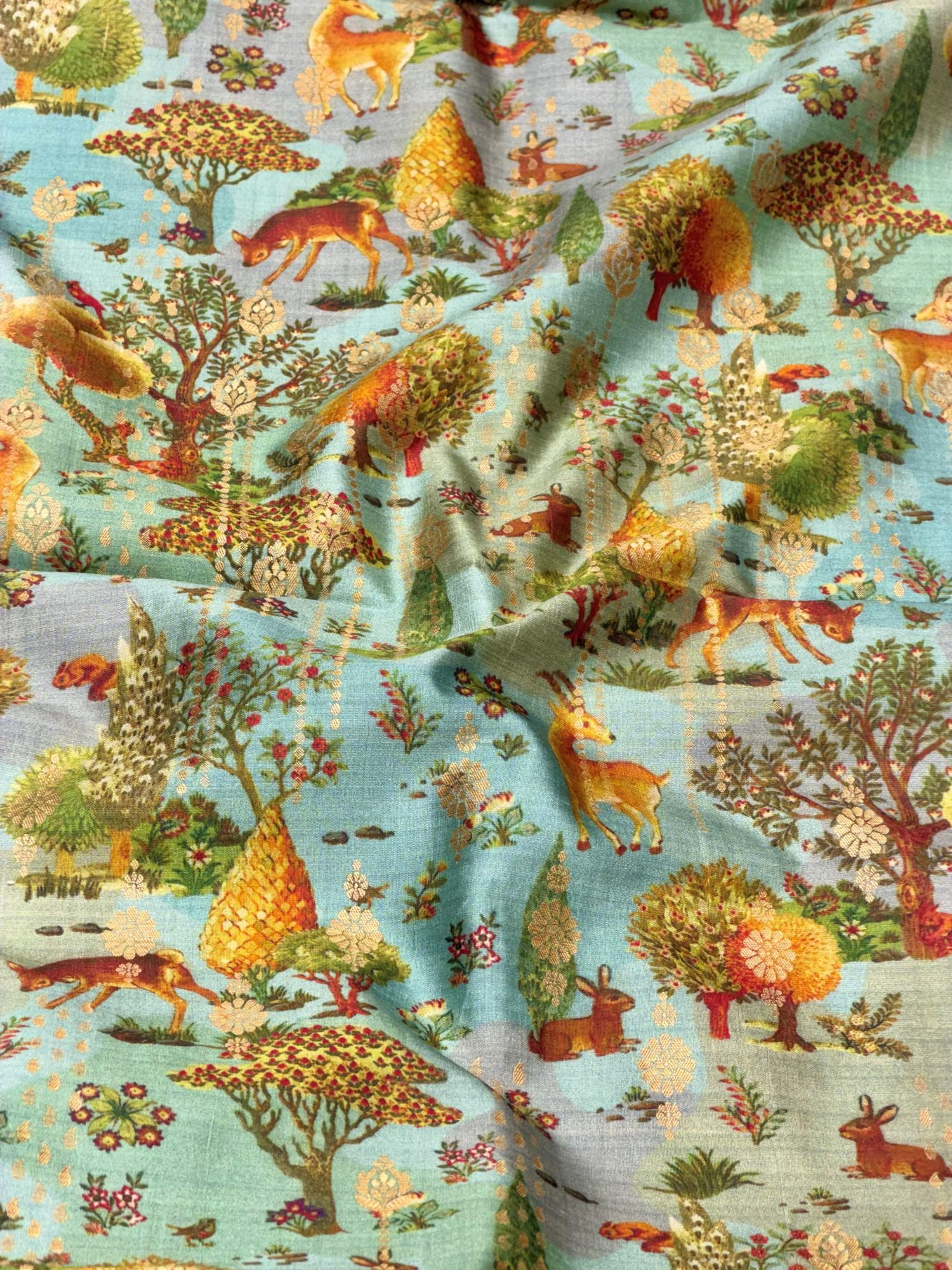 Aqua Blue Pure Soft Silk Fabric With Pichhwai Pattern