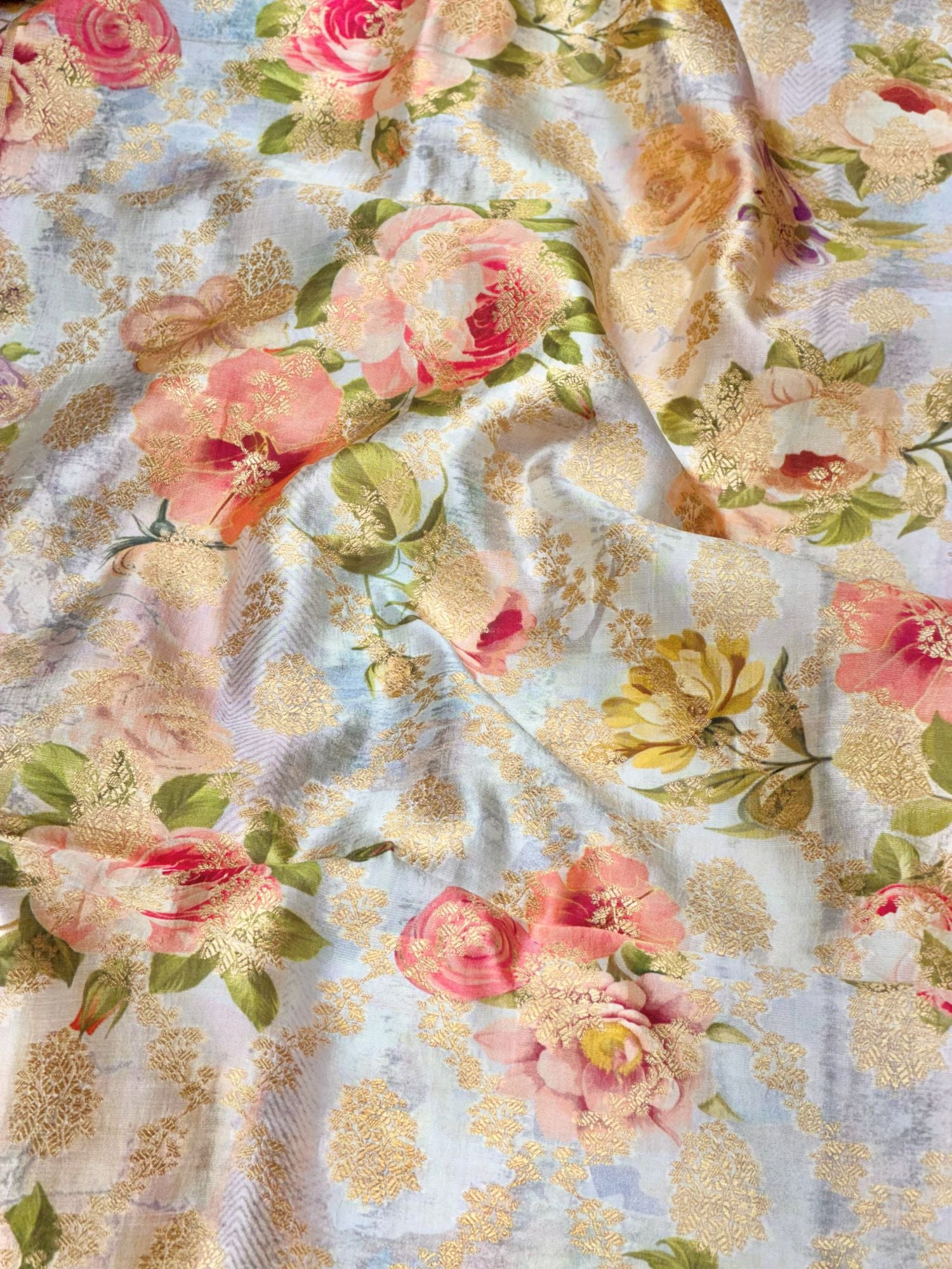 Powder Blue Pure Soft Silk Fabric With Floral Pattern