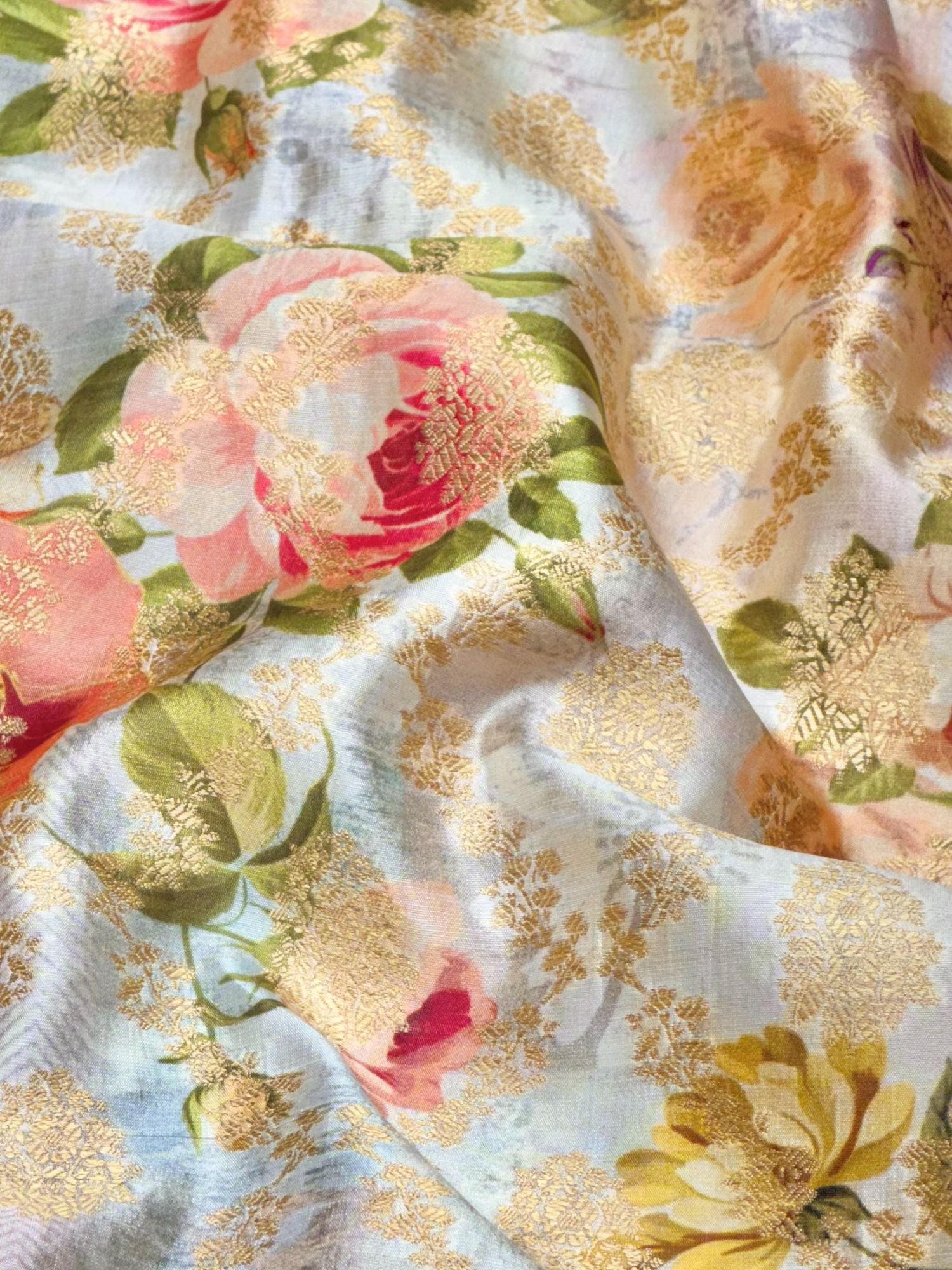 Powder Blue Pure Soft Silk Fabric With Floral Pattern
