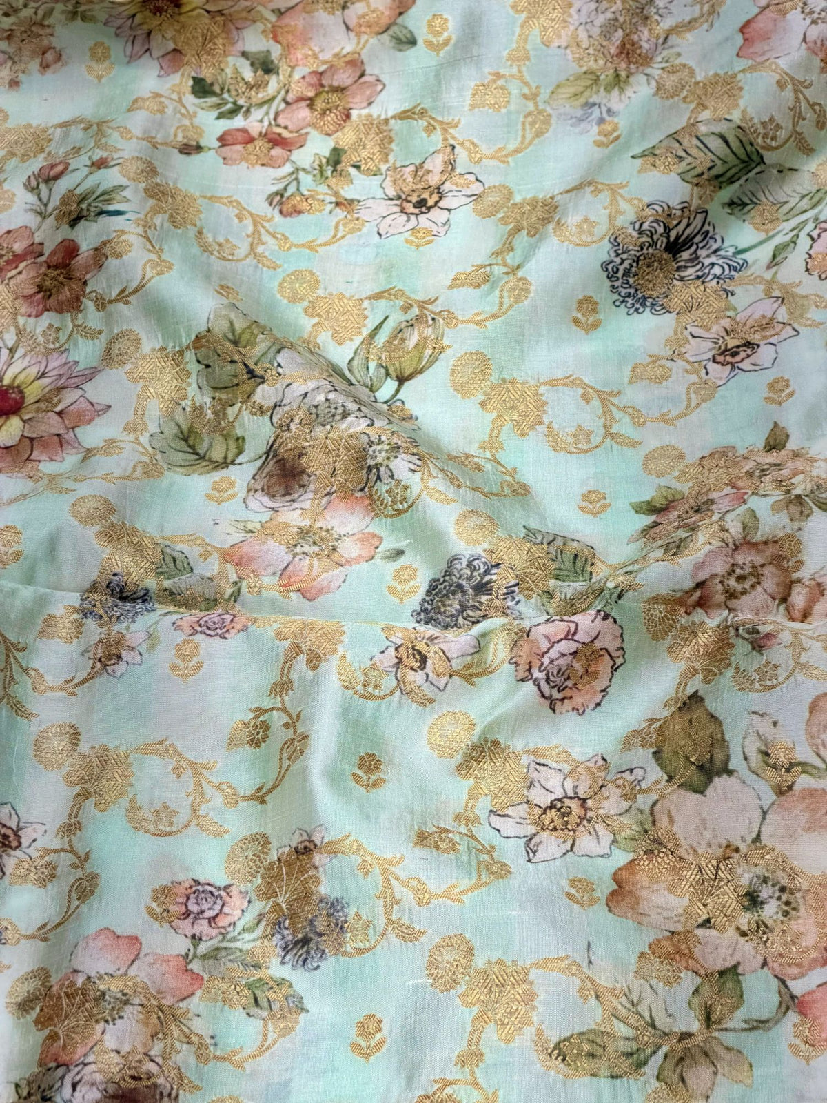Pastel Mint Pure Soft Silk Fabric With Floral Pattern