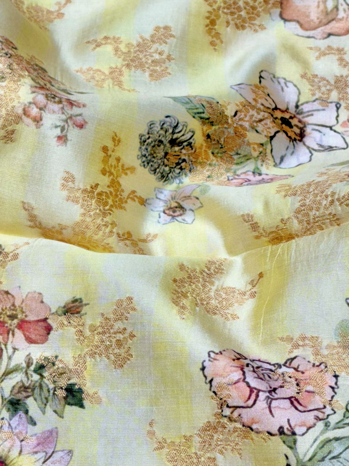 Butter Yellow Pure Soft Silk Fabric With Floral Pattern