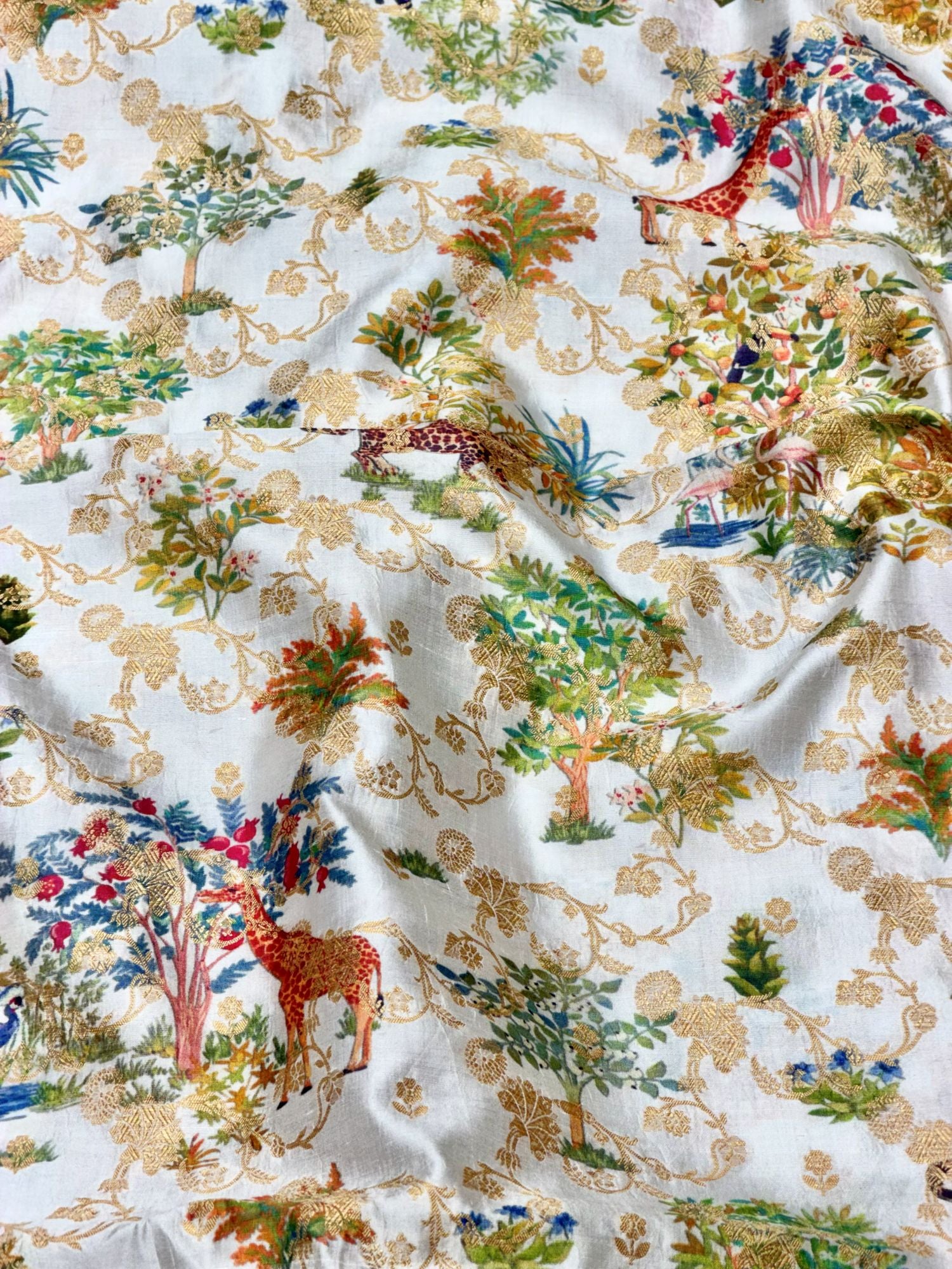 White Pure Soft Silk Fabric With Pichhwai Jungle Pattern