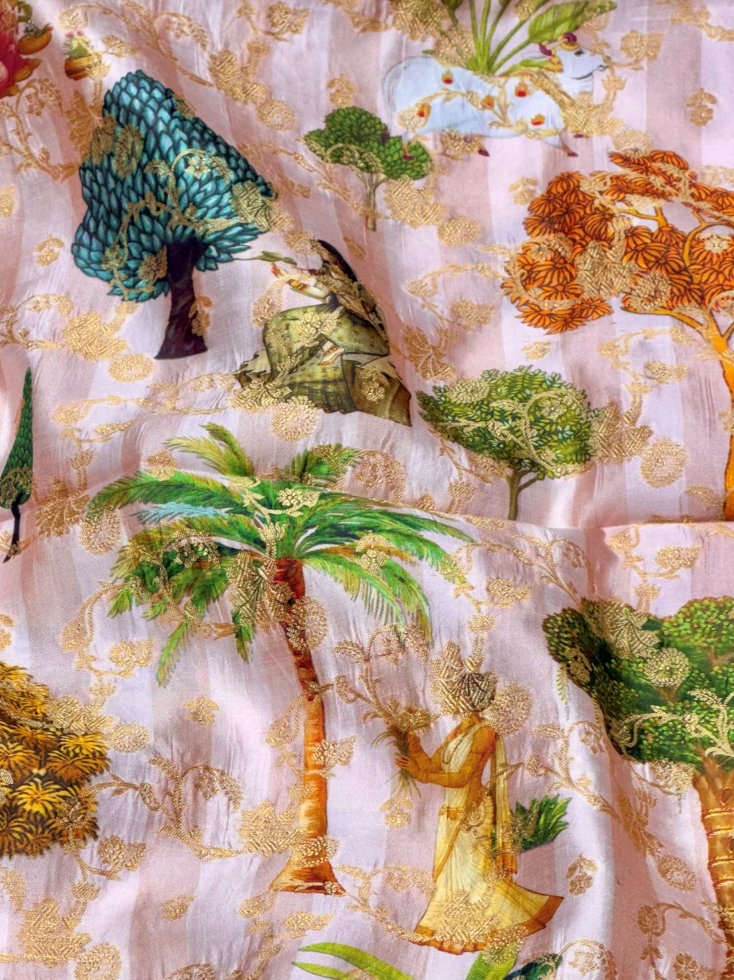 Pastel Pink Pure Soft Silk Fabric With Pichhwai Pattern