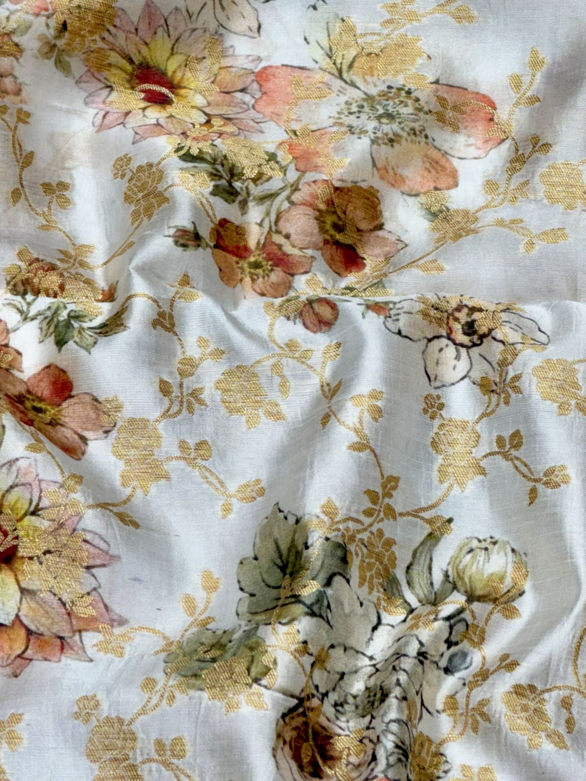 White Pure Soft Silk Fabric With Floral Pattern