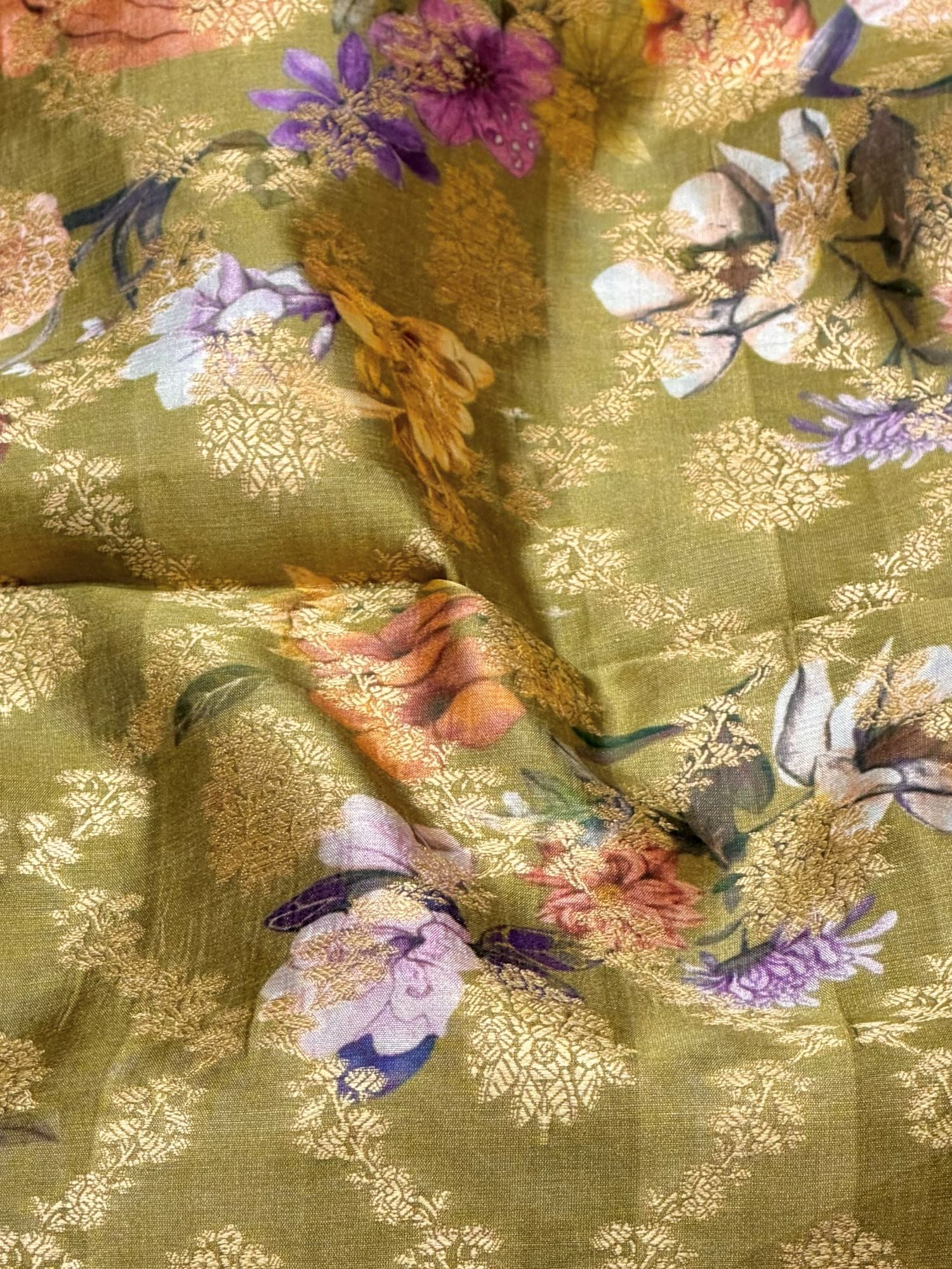 Olive Pastel Pure Soft Silk Fabric With Floral Pattern