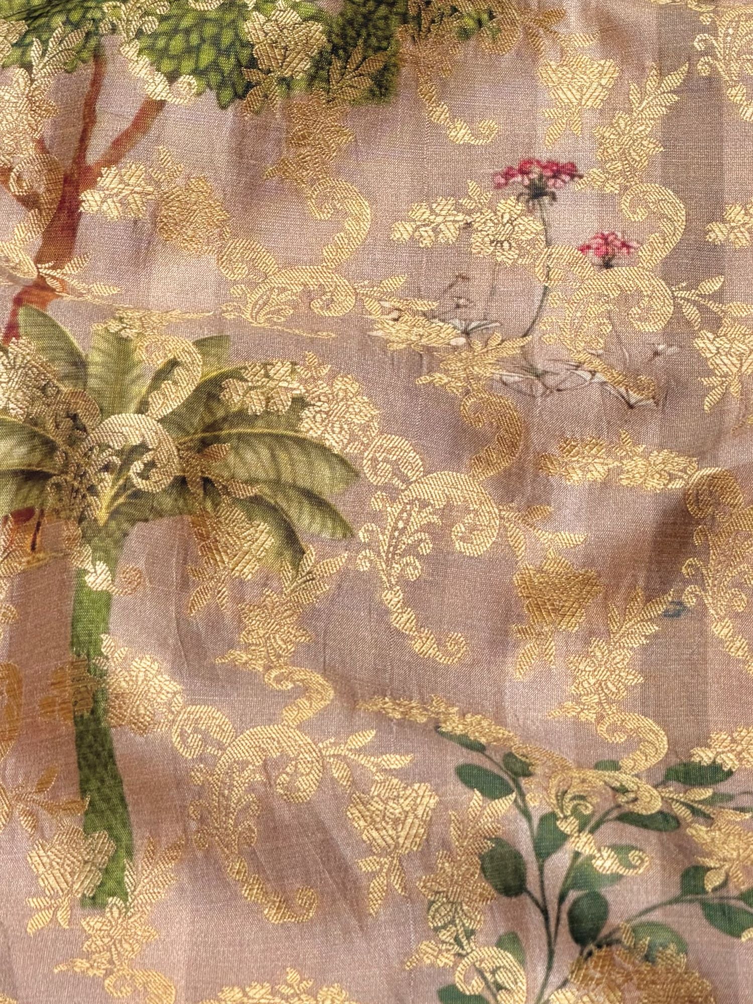 Dusty Pink Pure Soft Silk Fabric With Jungle Pattern