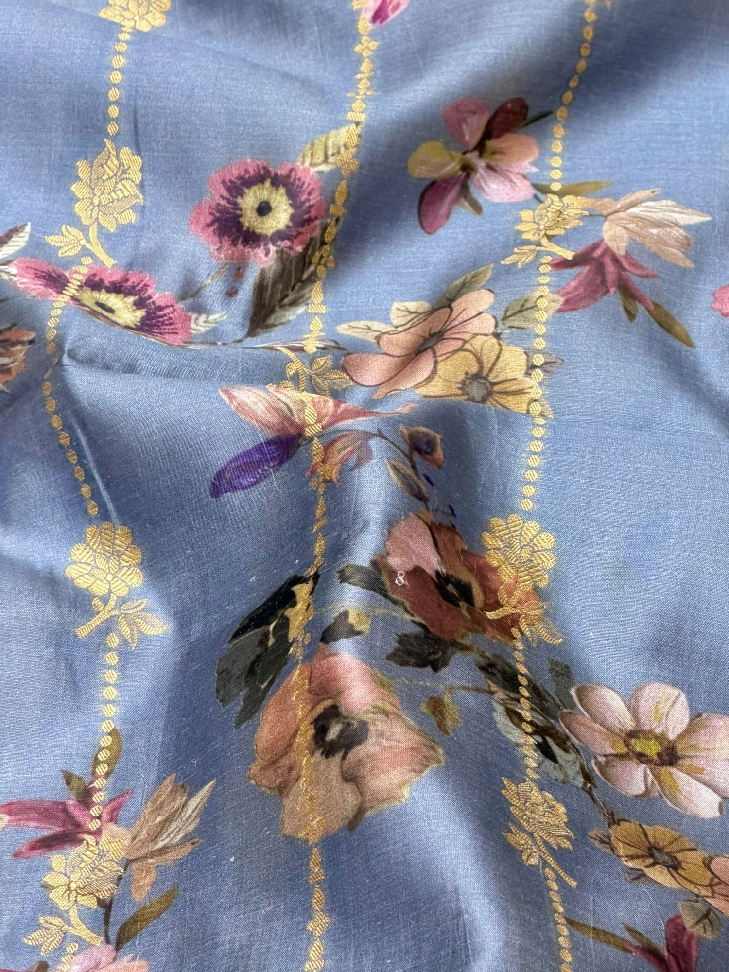 Dusty Blue Pure Soft Silk Fabric With Floral Pattern