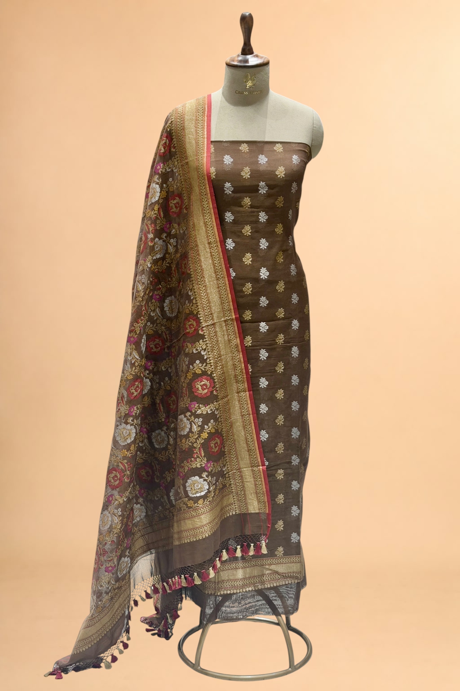 Mocha Brown Pure Cotton Iktara Jamdani Suit Set