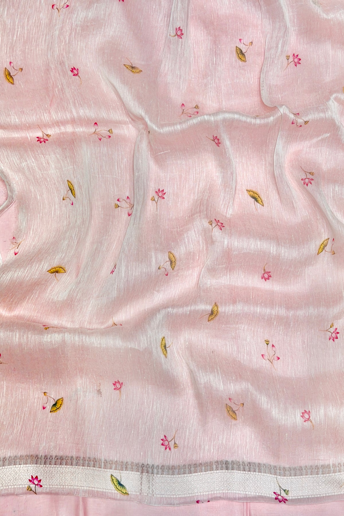 Pastel Pink Pure Linen Pichwai Printed Silk Saree
