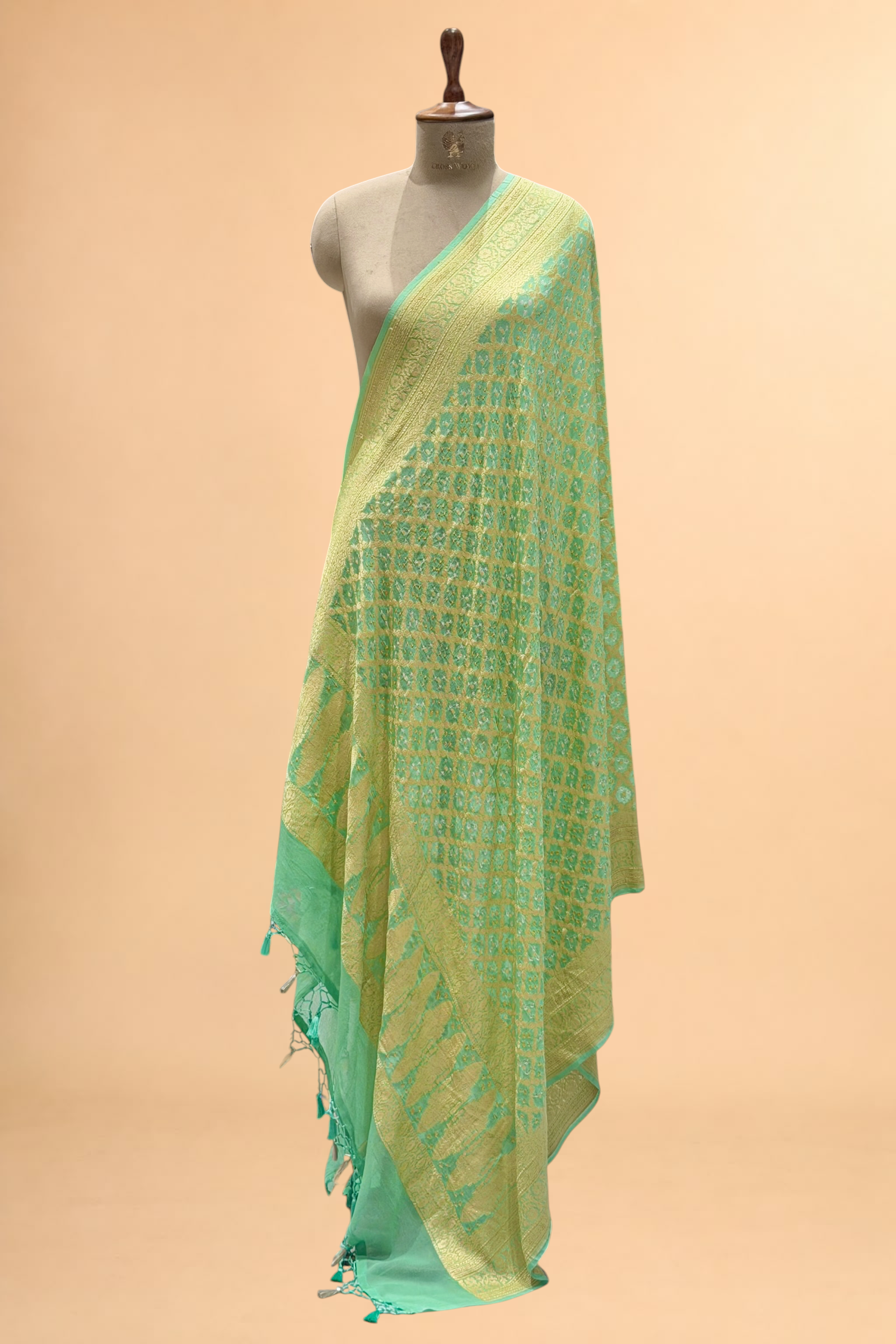 Mint Aqua Green Georgette Khaddi Banarasi Handloom Dupatta