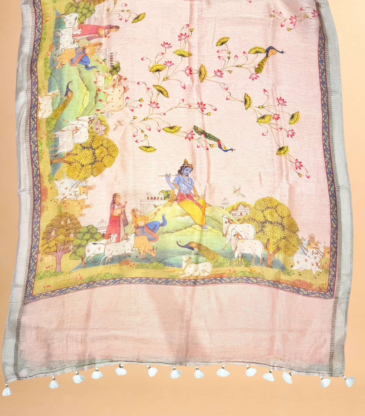 Pastel Pink Pure Linen Pichwai Printed Silk Saree