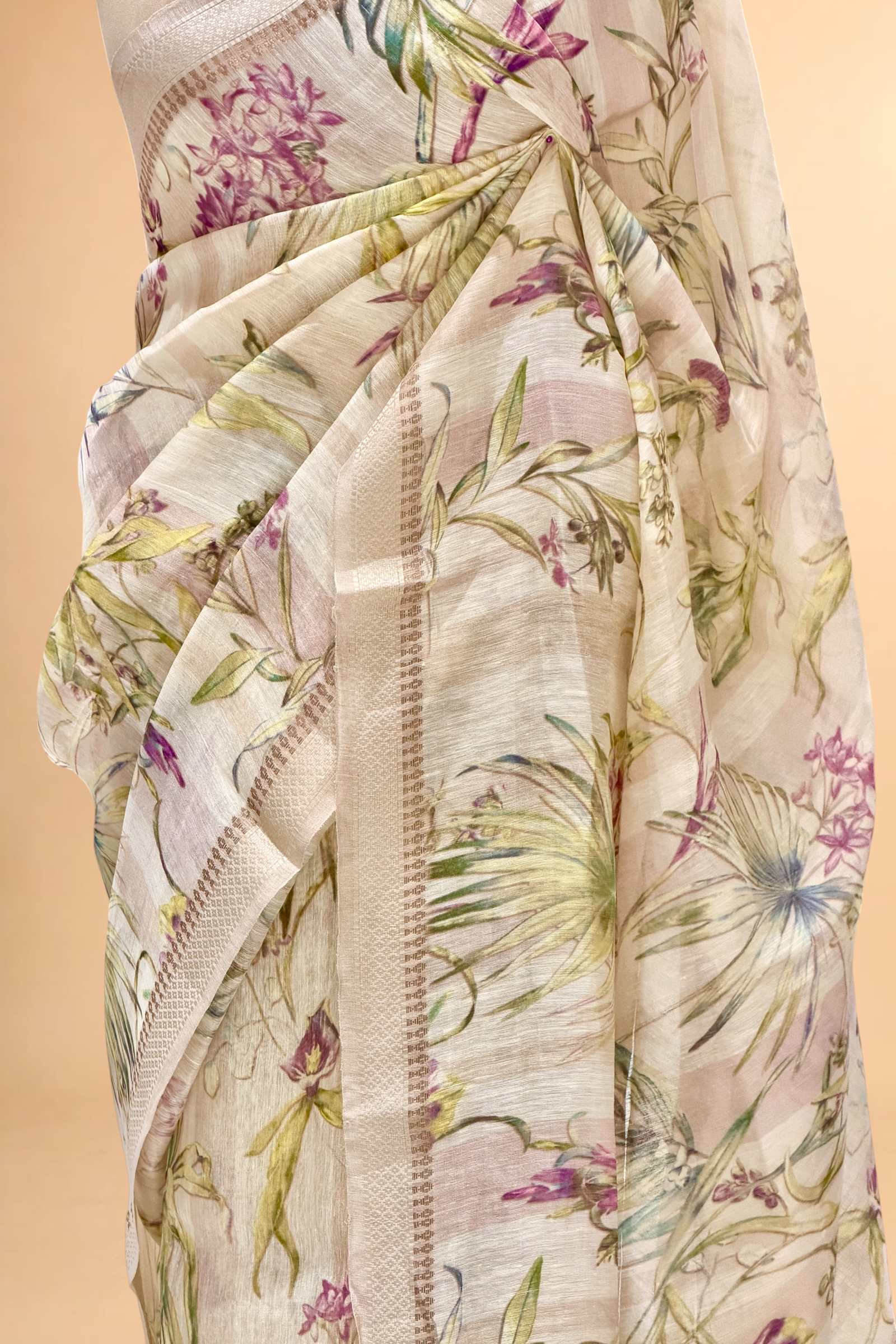 Ivory Pure Linen Printed Silk Saree