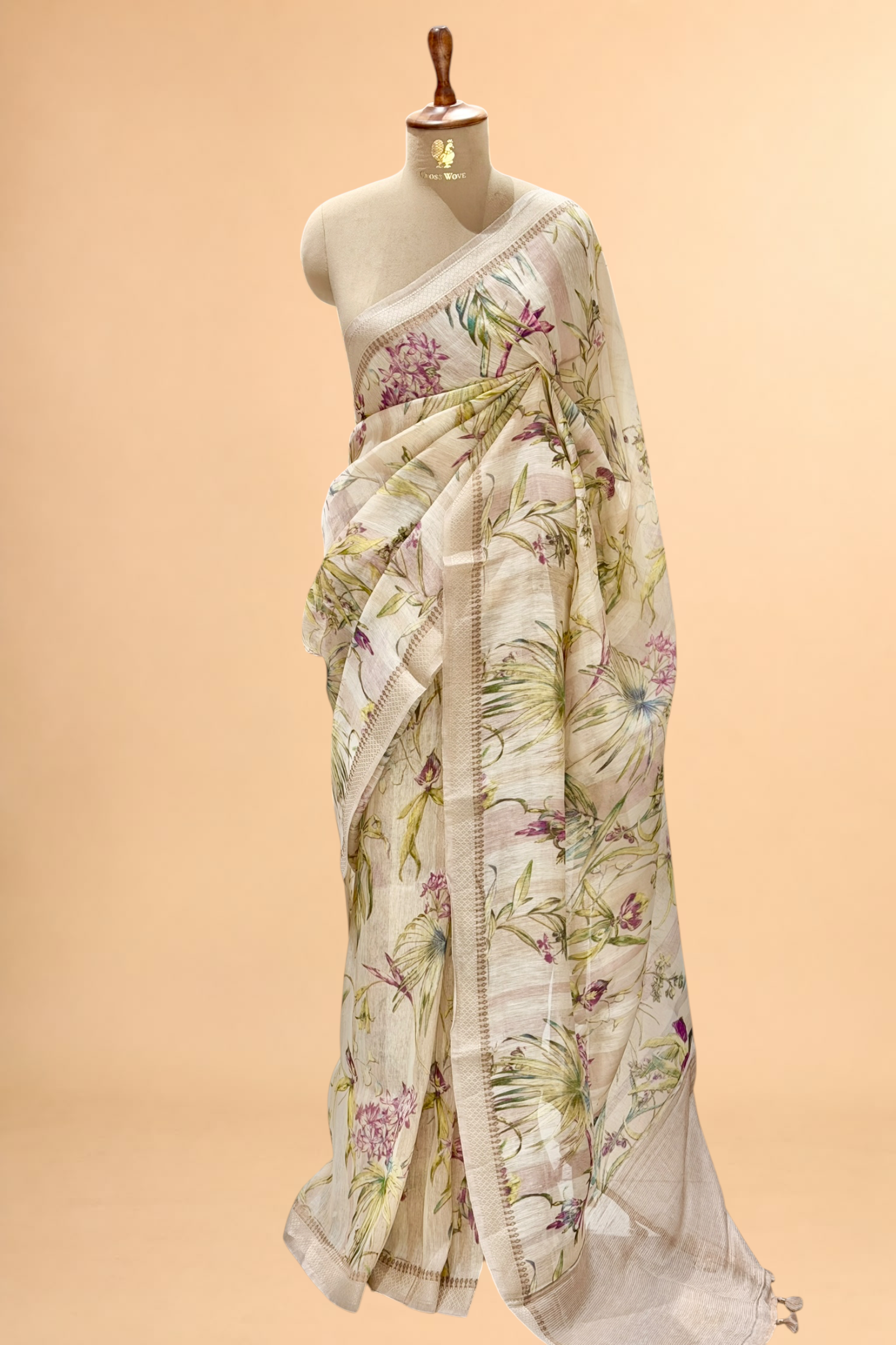 Ivory Pure Linen Printed Silk Saree