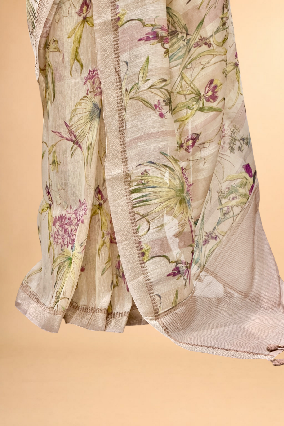 Ivory Pure Linen Printed Silk Saree