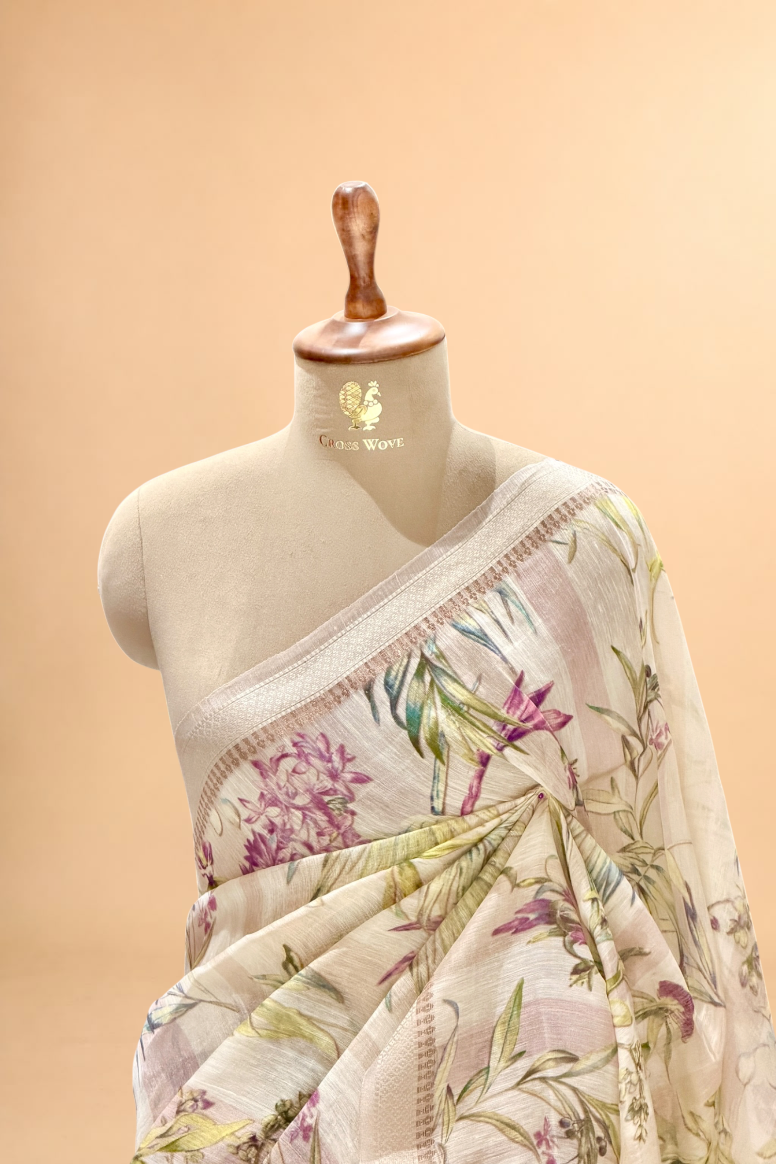 Ivory Pure Linen Printed Silk Saree