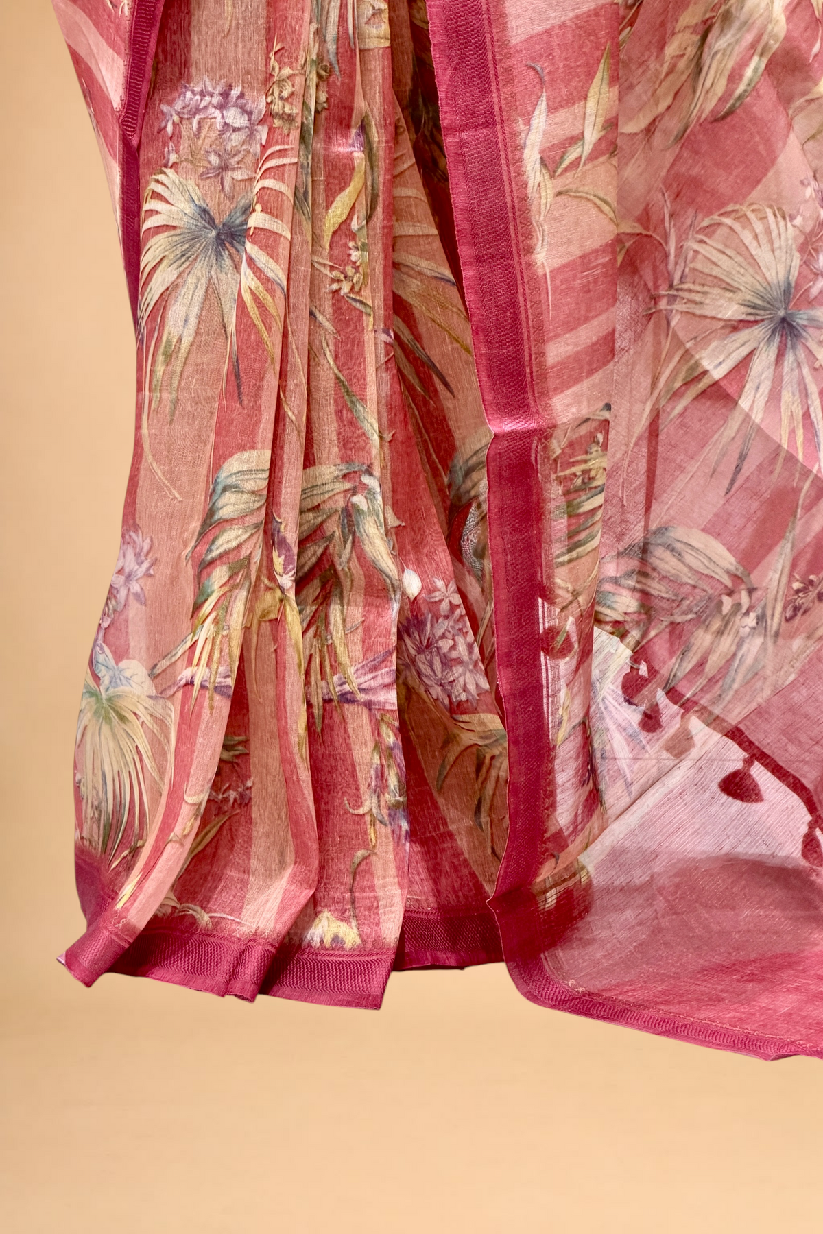 Magenta Pink Pure Linen Printed Silk Saree