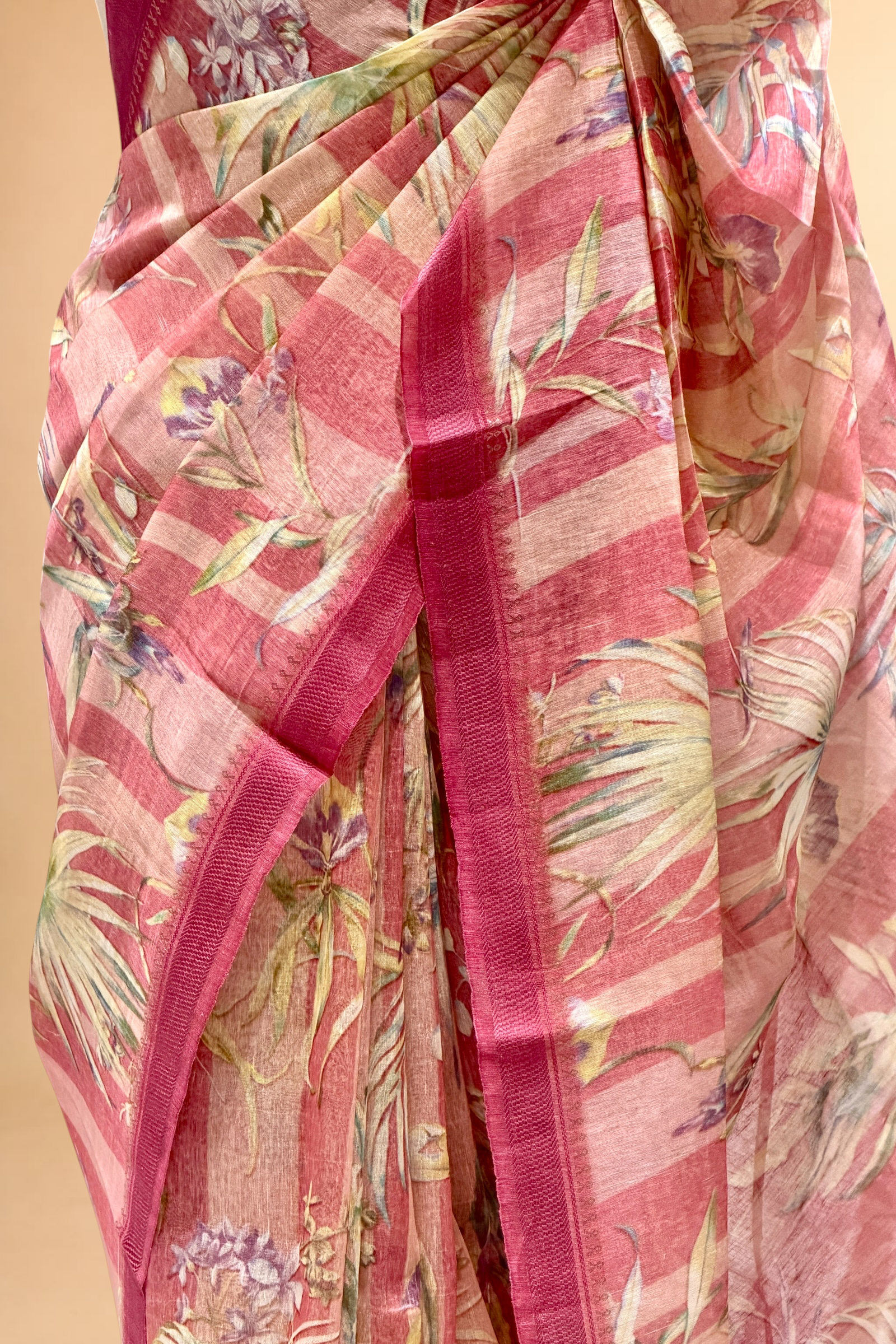 Magenta Pink Pure Linen Printed Silk Saree