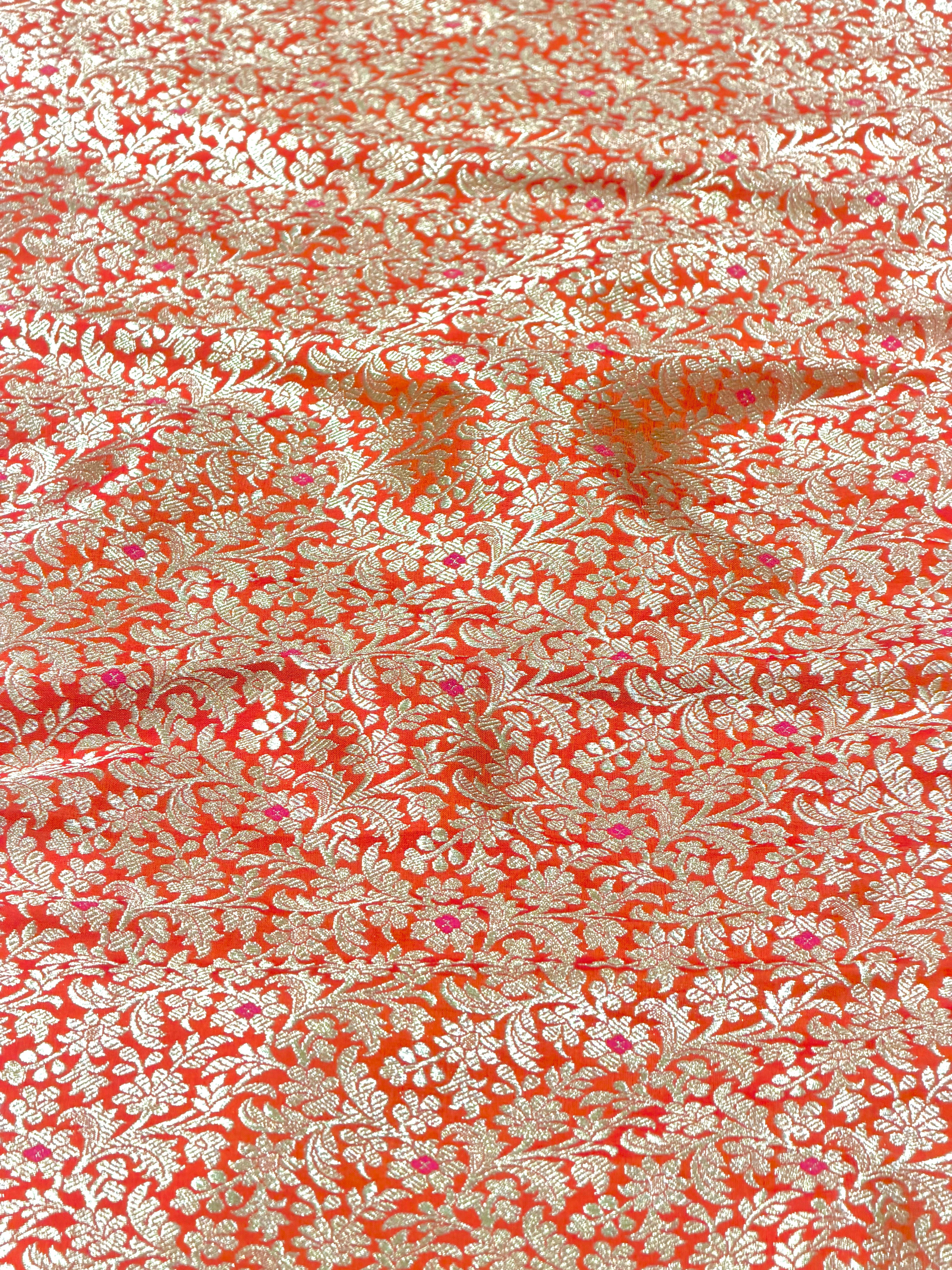 Orange Meenakari Brocade Katan Silk Handloom Fabric