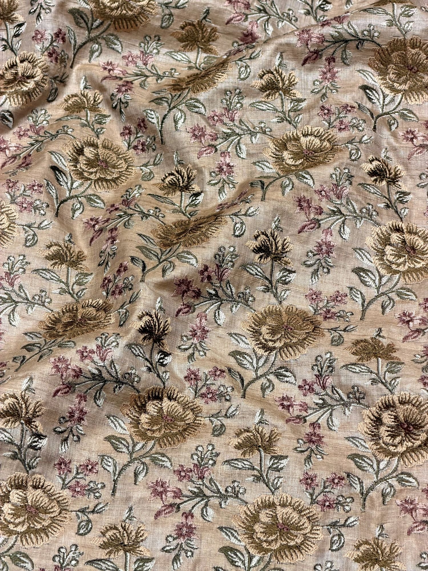 Beige Pure Tussar Natural Floral Embroidered Fabric