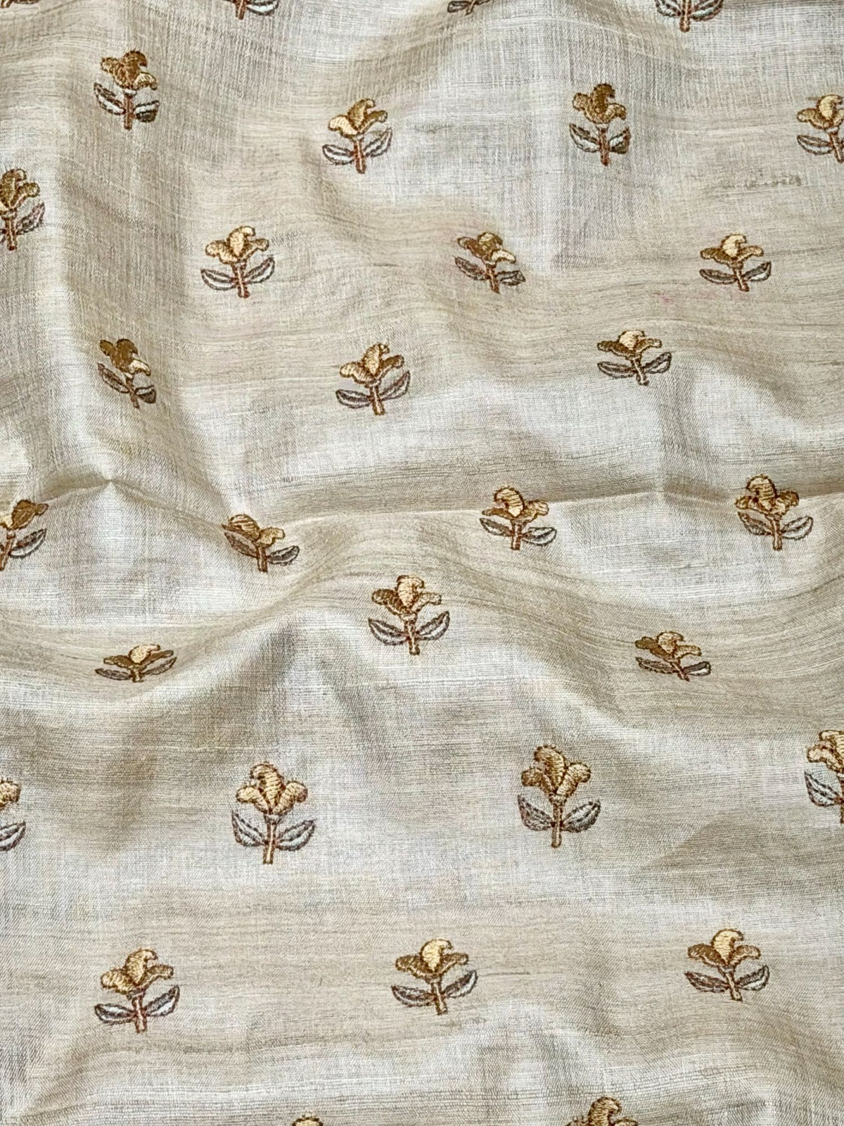 Ivory-Beige Pure Tussar Natural Floral Embroidered Fabric