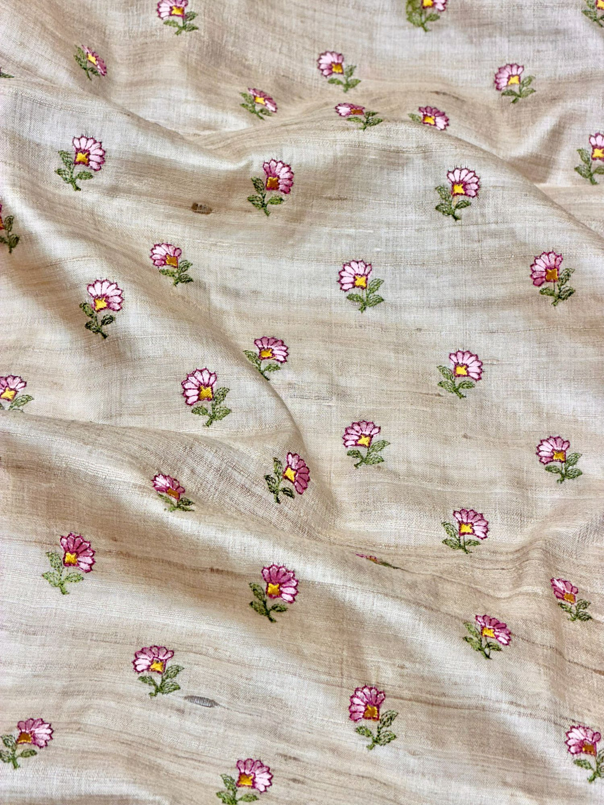 Ivory-Beige Pure Tussar Natural Floral Embroidered Fabric