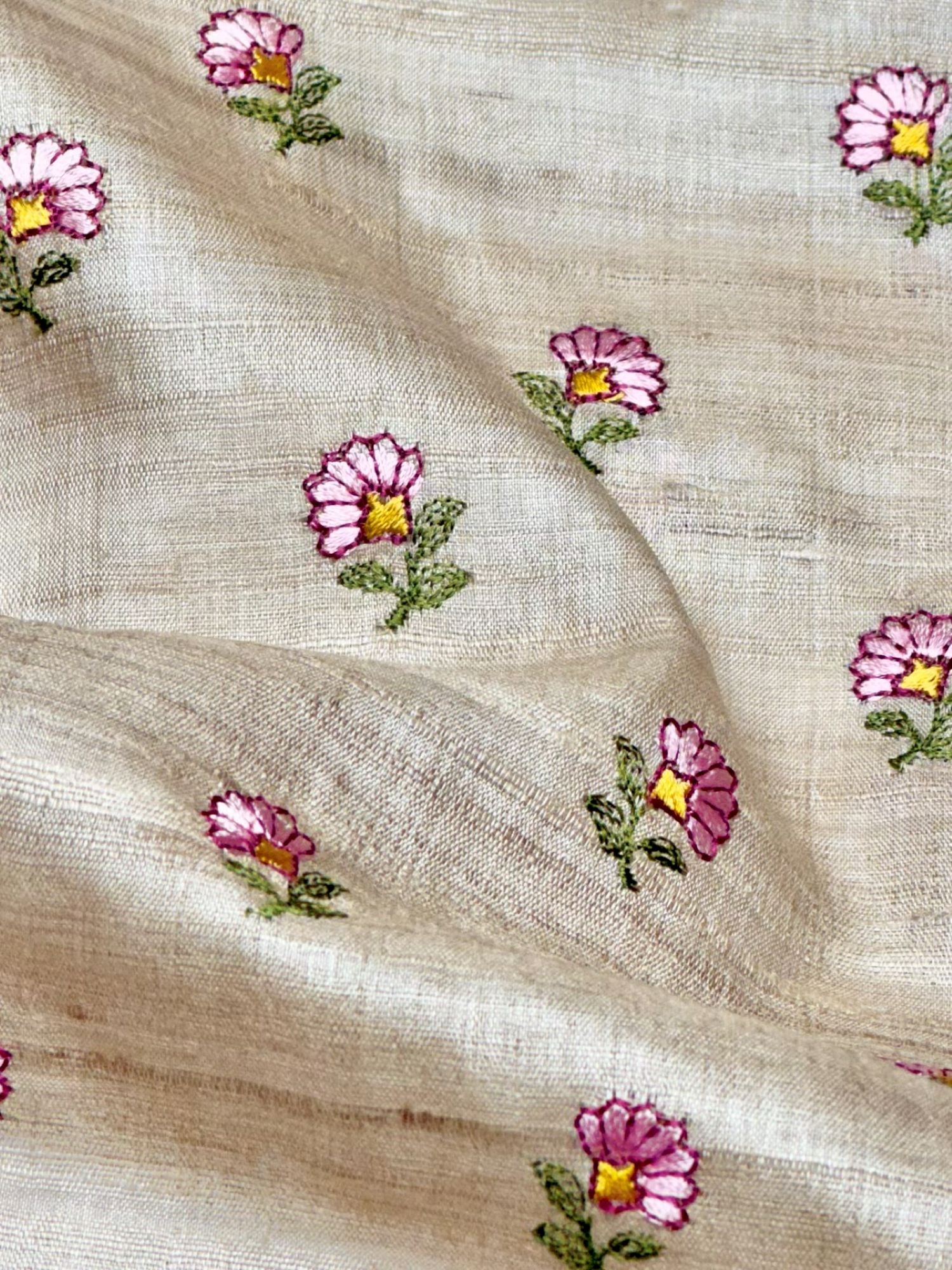 Ivory-Beige Pure Tussar Natural Floral Embroidered Fabric